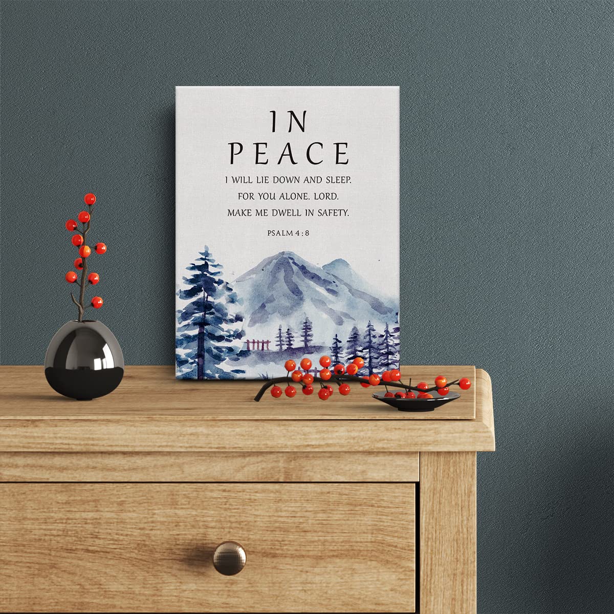 Bible Verse Watercolor Canvas Print Decor In Peace I Will Lie Down Psalm 4 : 8 Wall Painting Posters Artwork 12   X15   Modern H