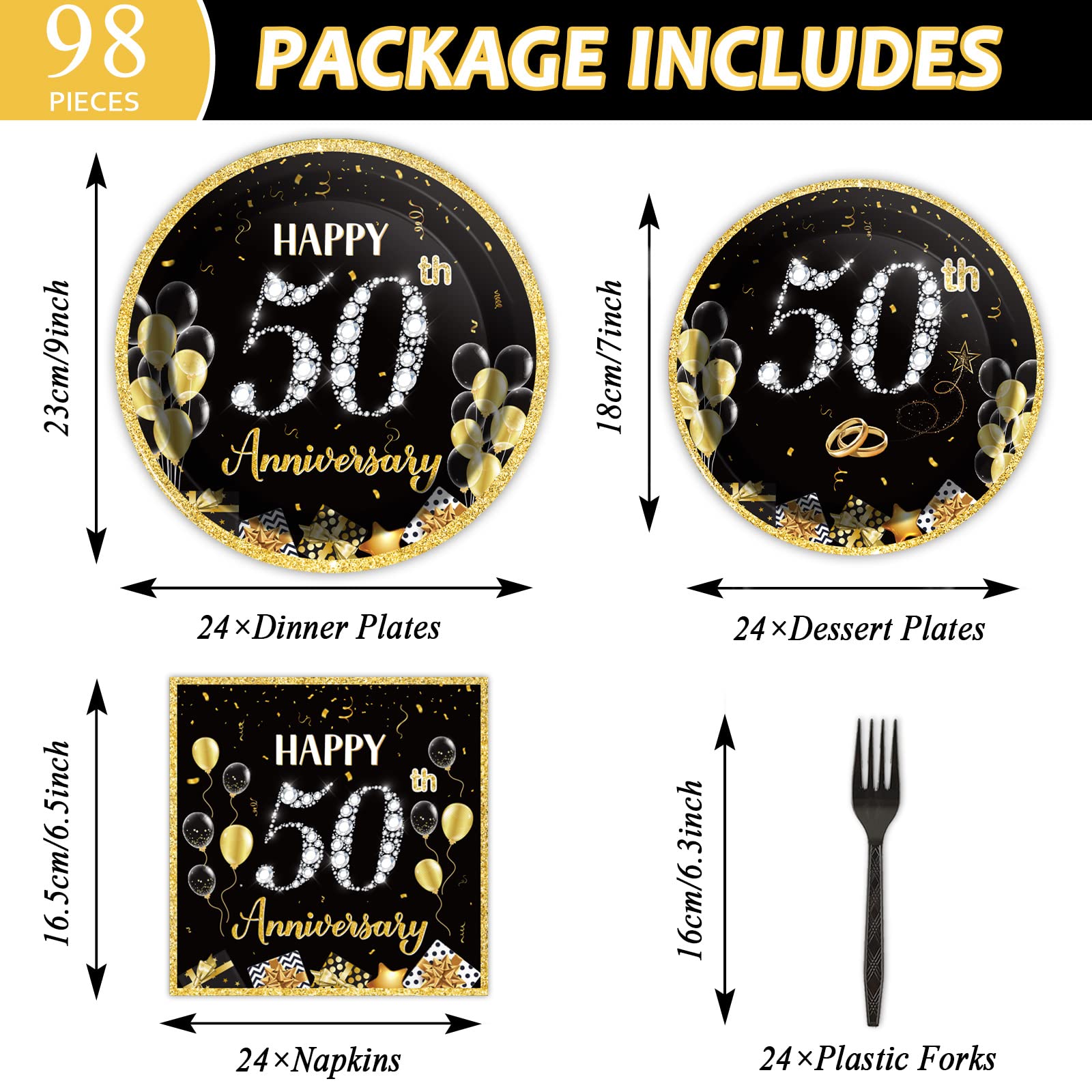 24 Guests 50Th Wedding Anniversary Party Supplies, Gold Black Tablecloth Plates Napkins Forks Set For 50Th Wedding Anniversary P
