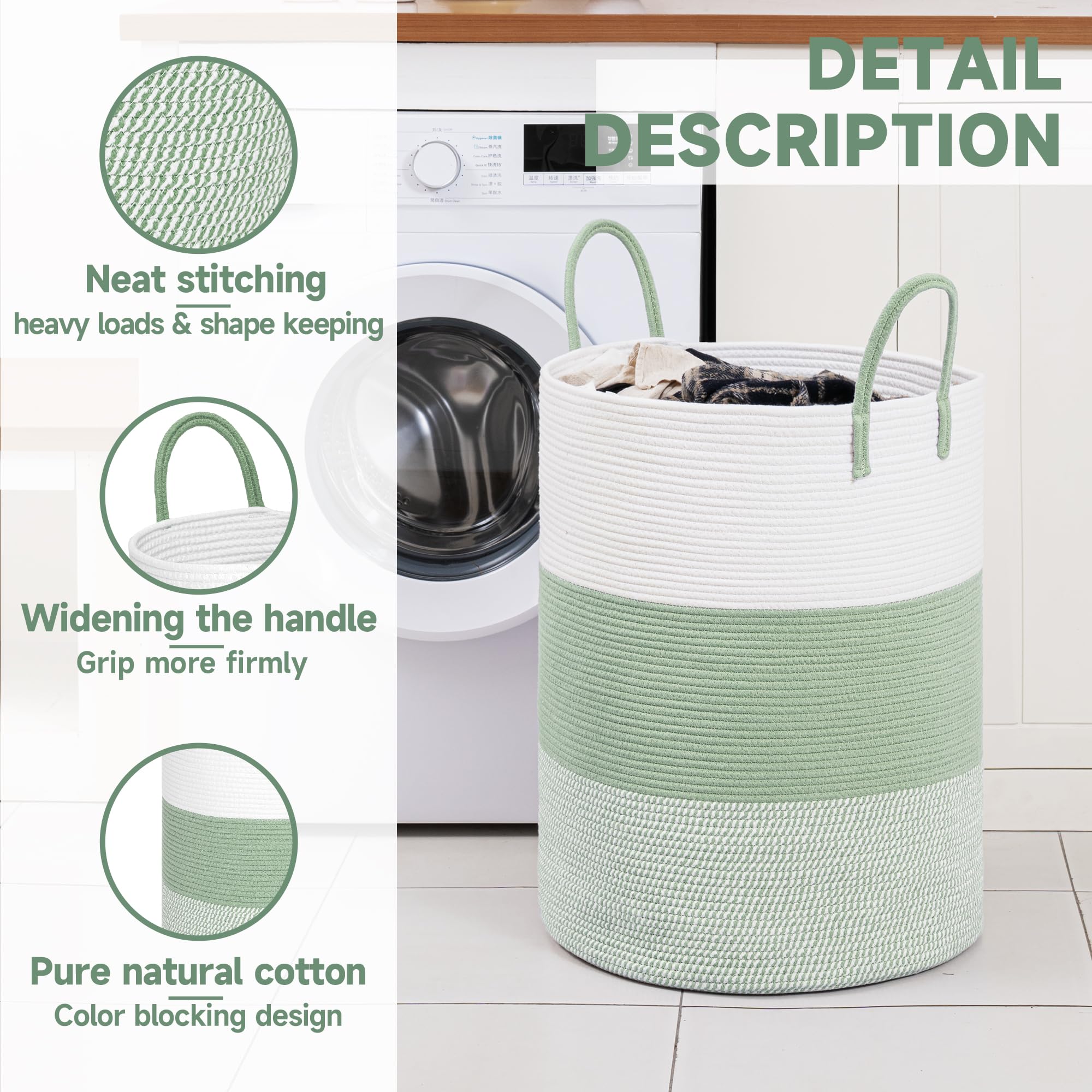 Clhmily&Z 100L Laundry Basket Round Storage Rope Basket - 18.1X24 Inches - Green Hamper In Bedreoom And Cute Storage Bin For Bla