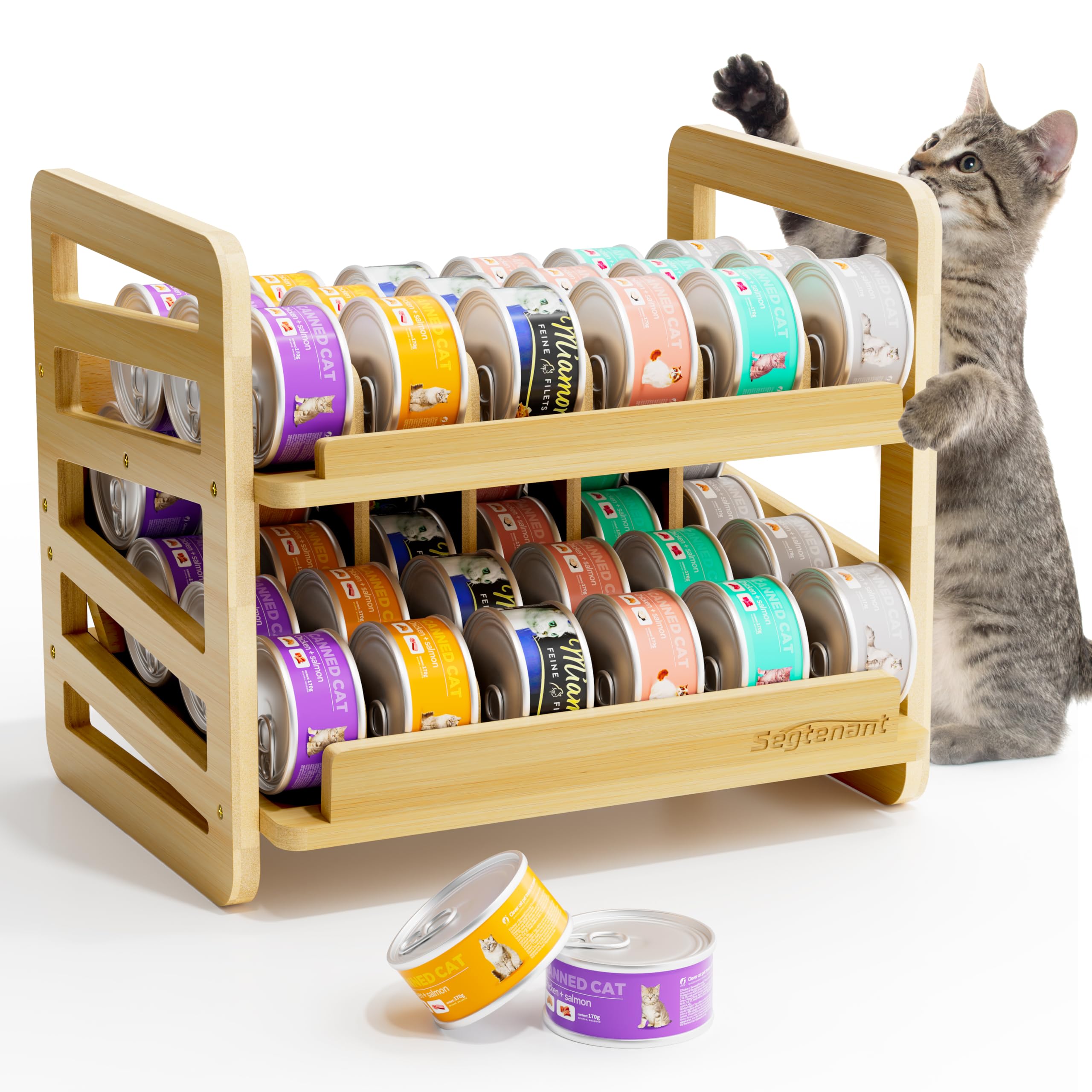 Rolling Bamboo Cat Food Can Organizer, 2-Layer Wet Cat Food Organizer and Wet Cat Food Can Storage, Canned Cat Food Organizer fo