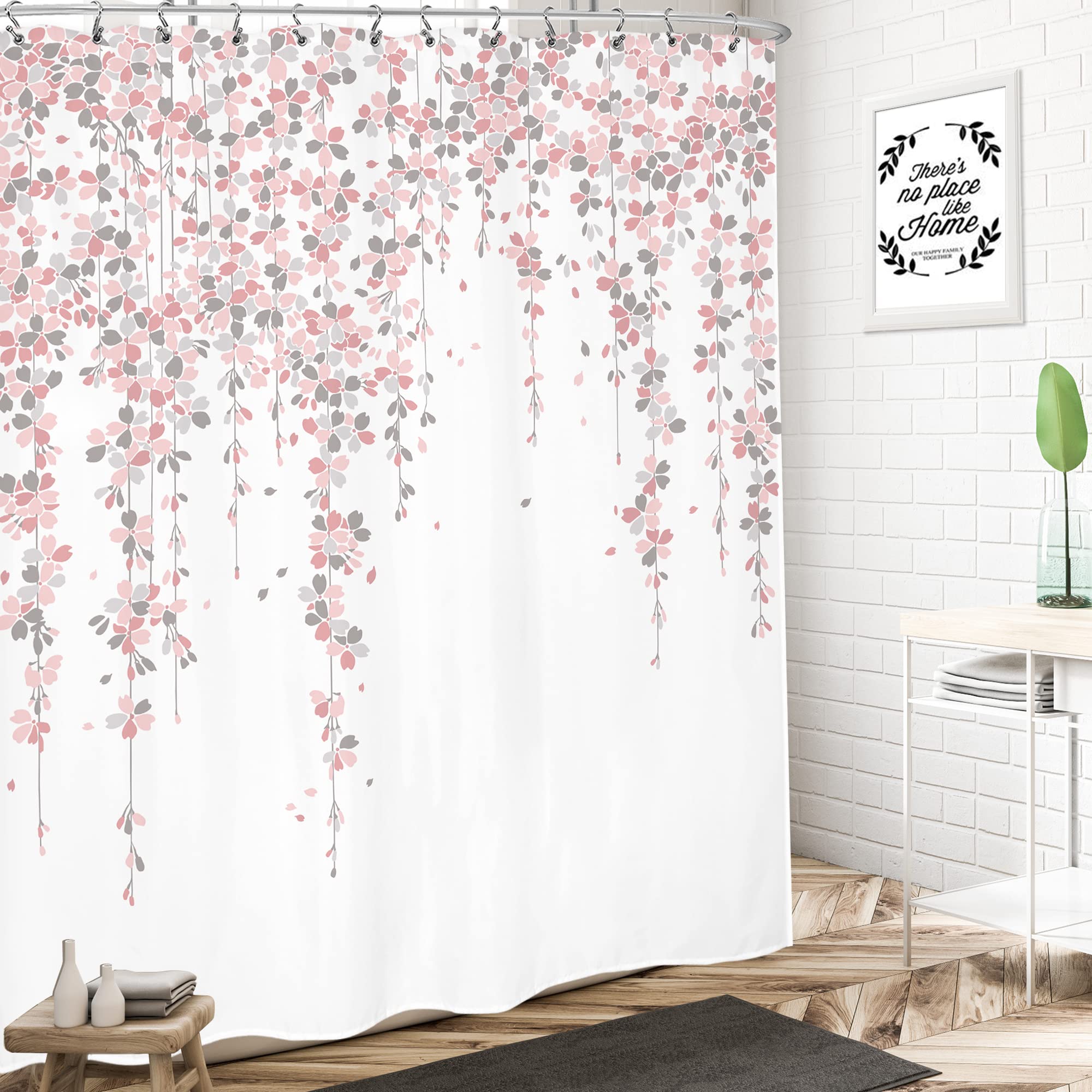 Lightinhome Grey Pink Floral Shower Curtain 72Wx72H Inches Dusty Rose Cherry Blossom Blooming Weeping Flowers Spring Bathroom Ho
