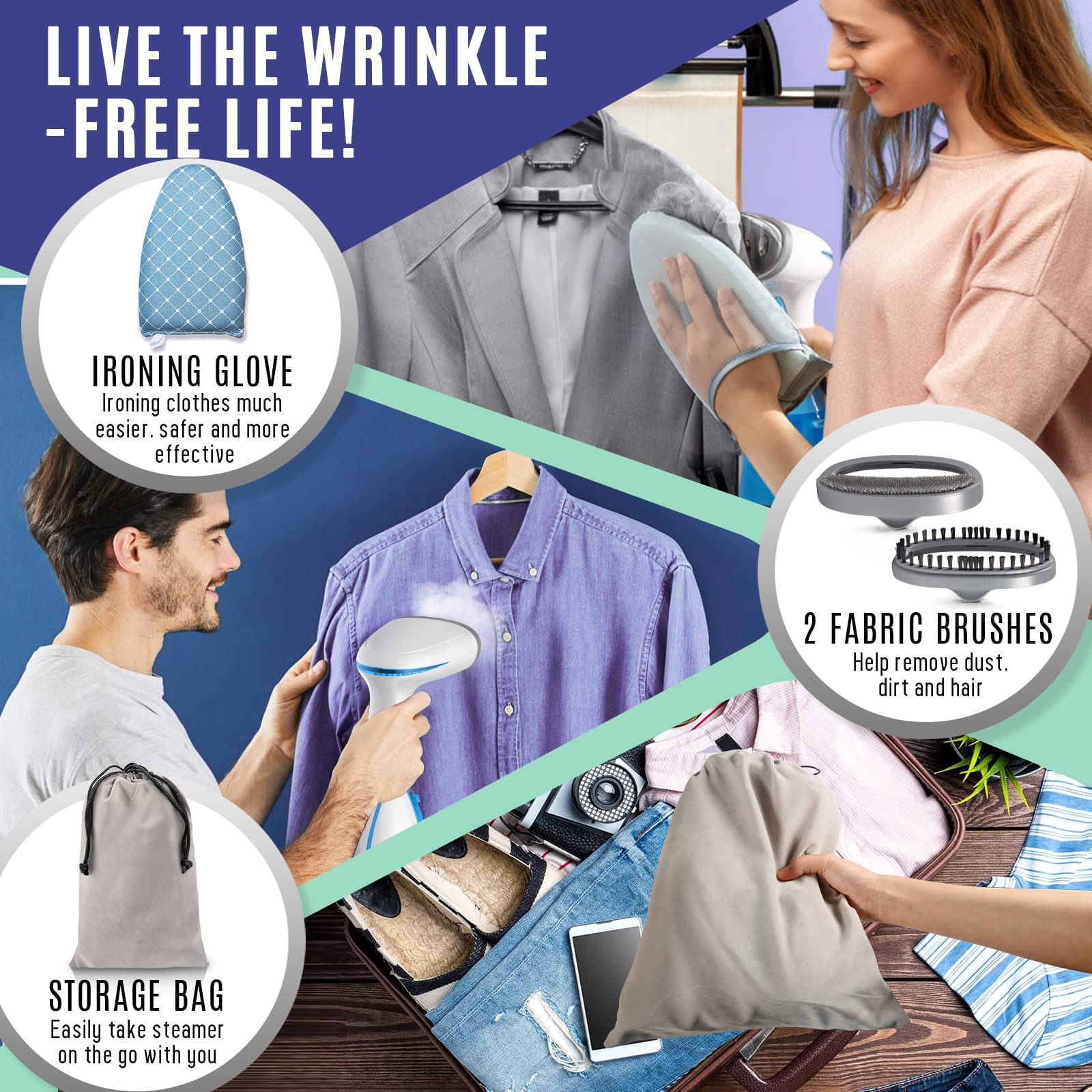 Steamer For Clothes, 15S Heat-Up Handheld Clothes Steamer With Ironing Glove, 1300W Garment Steamer Fabric Wrinkle Remover, 3 Co