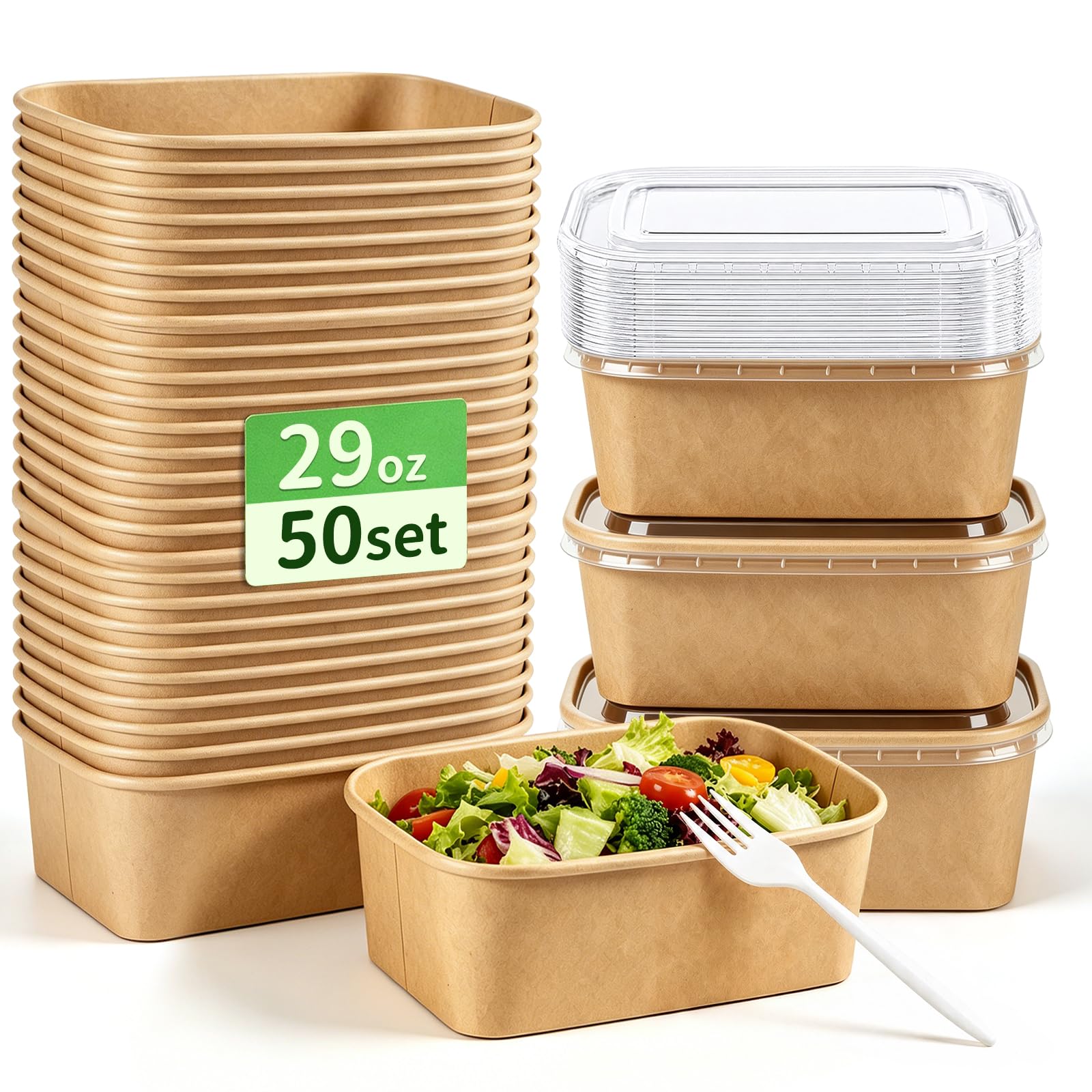 50 Pack 29oz Kraft Paper Bowls with Lids & Forks, Meal Prep Containers