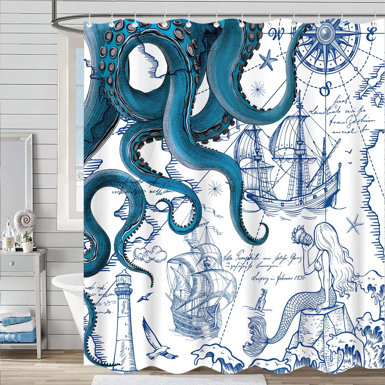 Fungarth Blue Nautical Octopus Shower Curtain Navy Mermaid Funny Ocean Kraken Shower Curtains For Bathroom Cool Anchor Coastal M