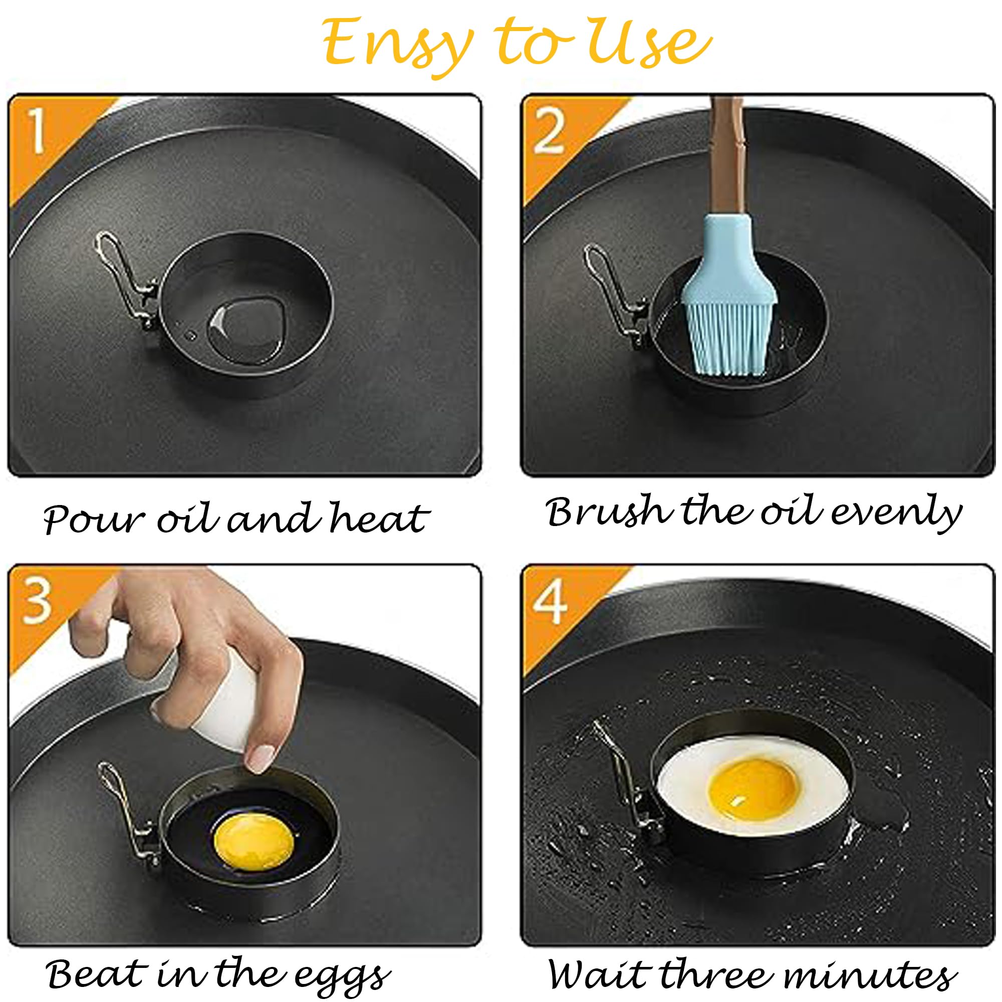 PCTC Nonstick Stainless Steel Egg Rings Set of 2 - Black Round Egg Cooker Molds for Perfect Breakfast Sandwiches