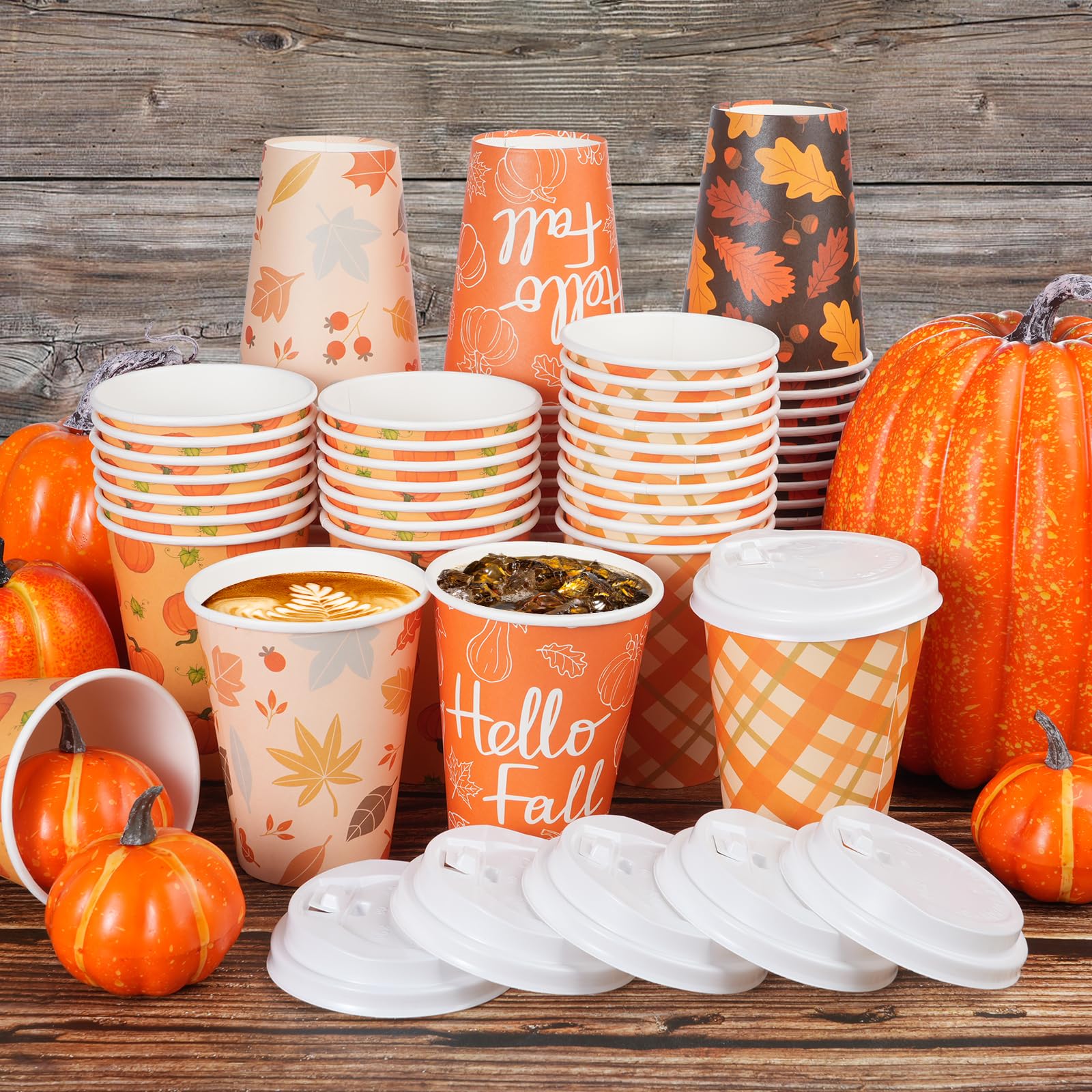 100Pcs 12Oz Fall Disposable Coffee Cups with Lids, Disposable Thanksgiving Cups for Hot Cold Coffee Maple Leaves Pumpkin Paper D