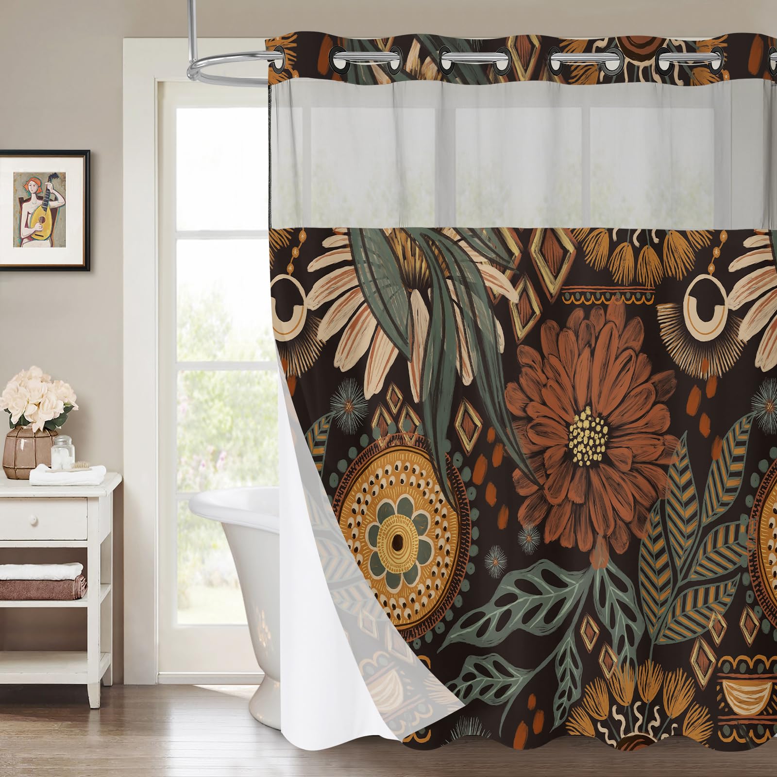 Mitovilla No Hooks Needed Boho Floral Shower Curtain Set With Snap-In Liner, Bohemia Abstract Leaves Fabric Cloth Shower Curtain