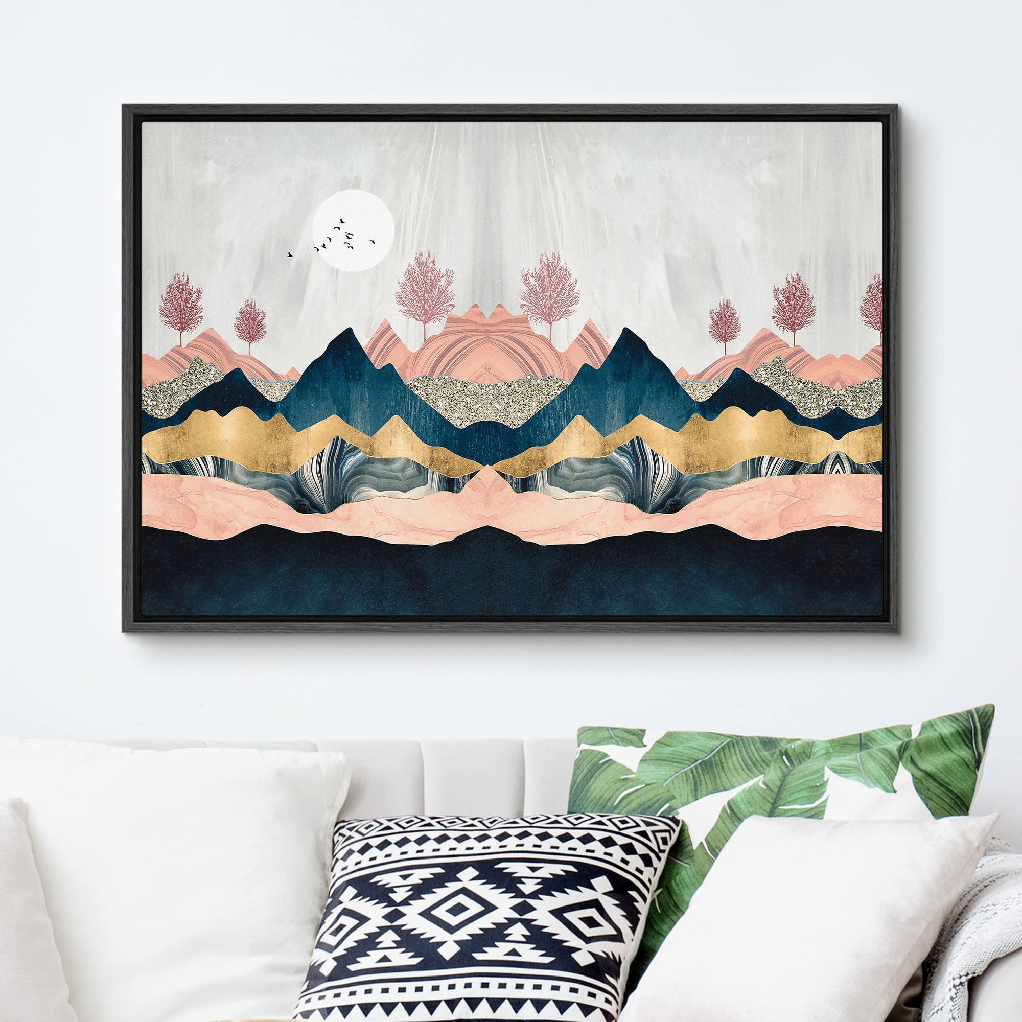 Signford Framed Canvas Print Wall Art Symmetrical Pink & Gold Marble Landscape Abstract Wilderness Illustrations Modern Art Rust