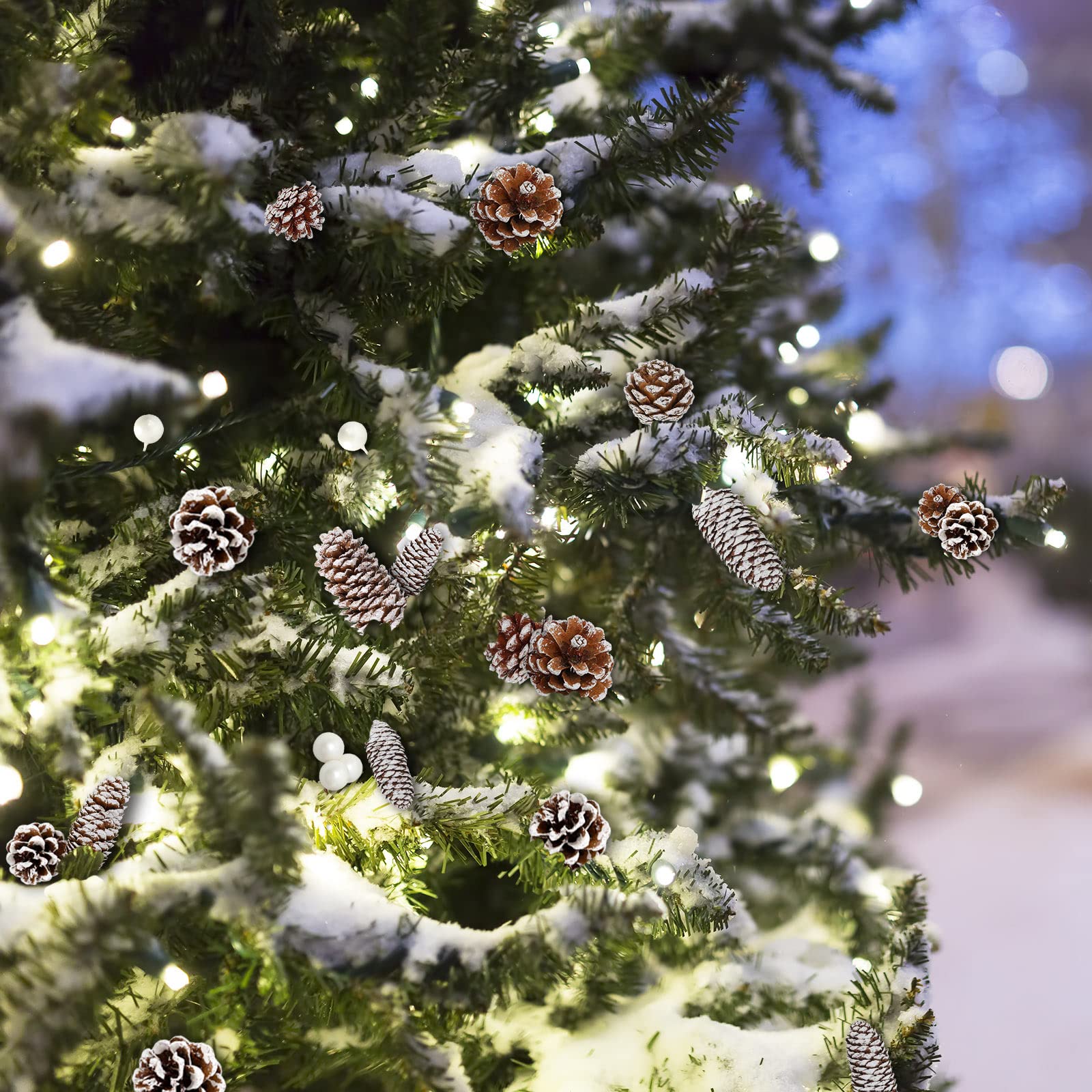 Whaline 170Pcs Christmas Pine Cones Berry Pine Branch Set Snow Pinecones Pendant White Winter Holiday Ornament for DIY Crafts Ho
