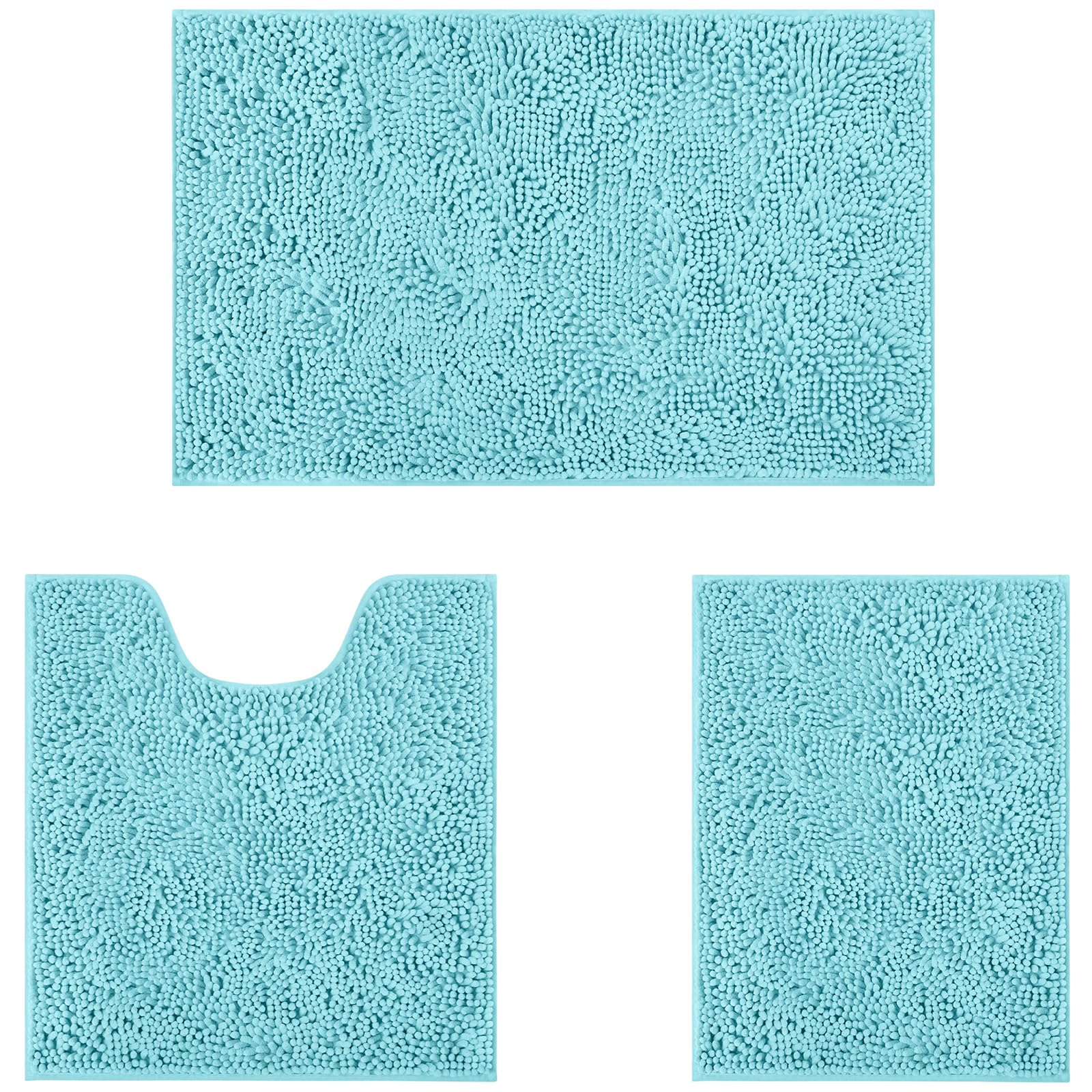 Homeideas 3 Pieces Bathroom Rugs, Ultra Soft Non Slip Absorbent Chenille Toilet Bath Mat Set (Aqua Blue)