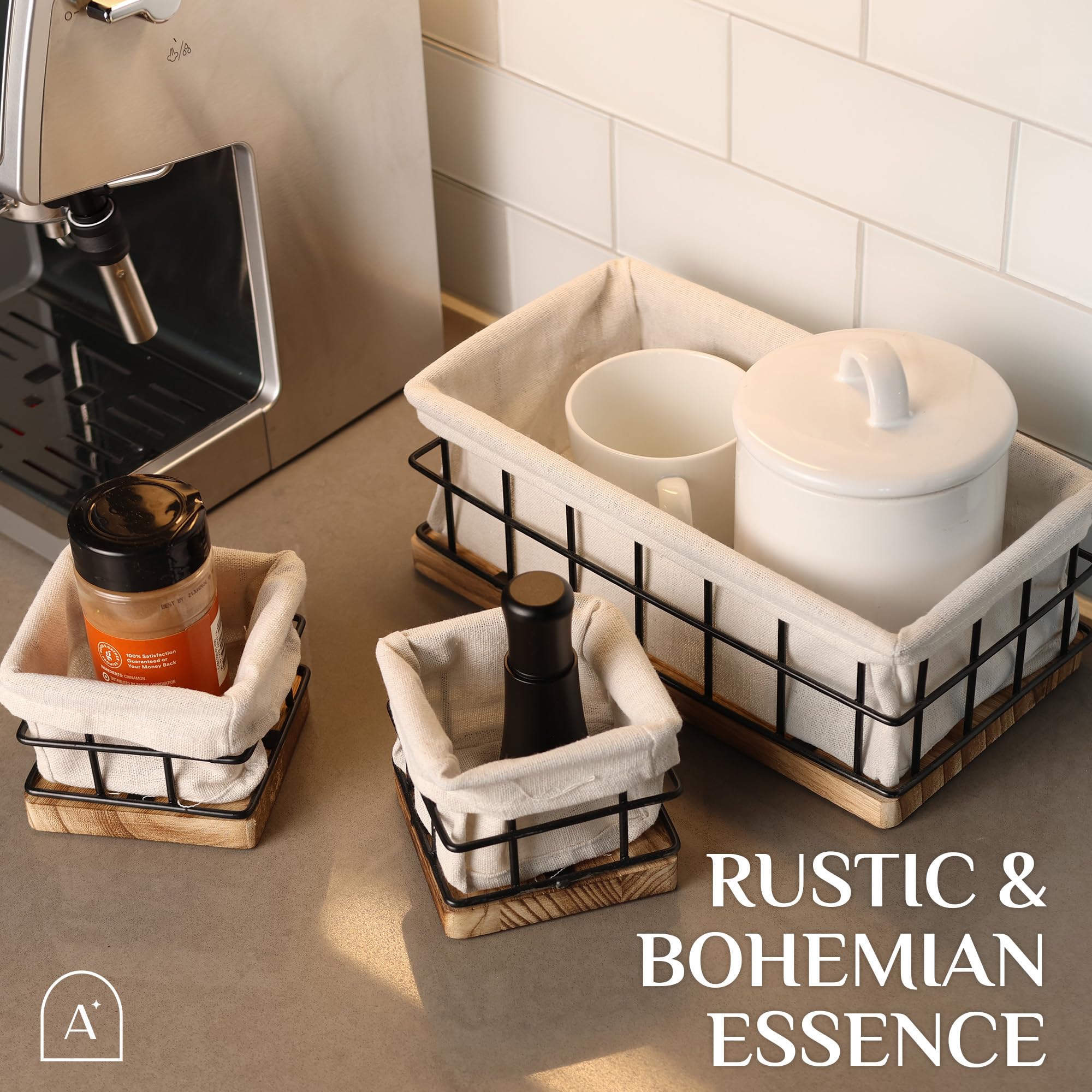 Aura Nest - Set Of 3 Decorative Basket Organizers Sturdy Rustic & Farmhouse Decor Metal Wooden Baskets For Organizing, Home And