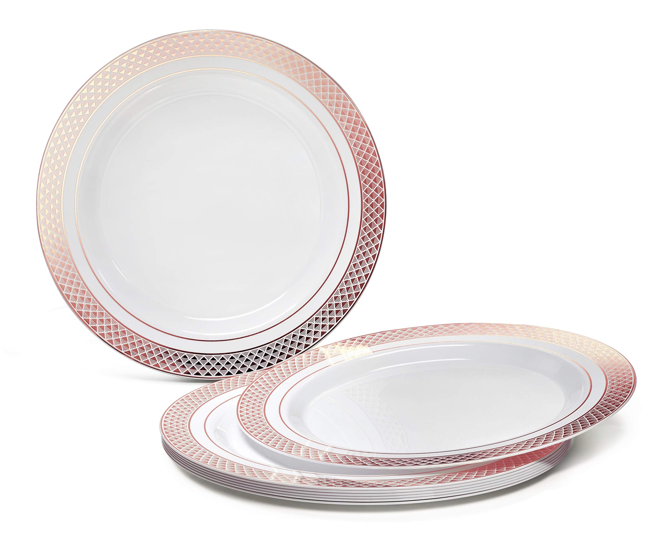 ' OCCASIONS '' 50 Plates Pack (25 Guests) - Heavyweight Wedding Party Disposable Plastic Plate Set - 25 x 10.5'' Dinner + 25 x 7.5'' Salad/dessert plates (Celebration White/Rose Gold)