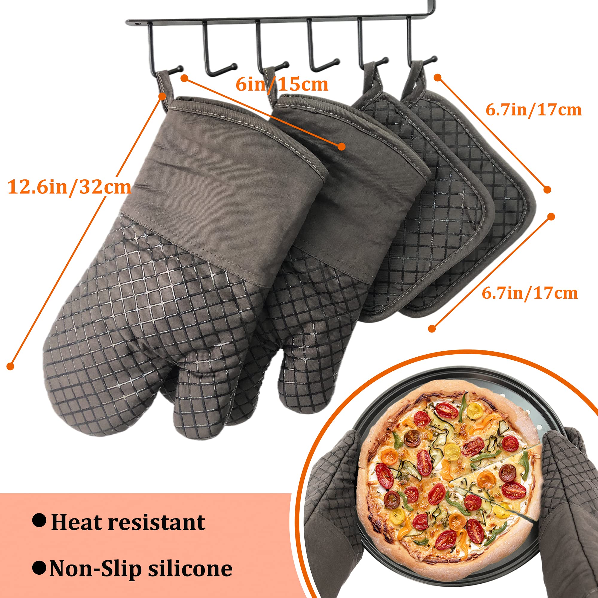 4 Pcs Oven Mitts And Pot Holders,500F High Heat Resistant Kitchen Oven Mitts With Pot Holders,Long Oven Mitts With Recycled Cott