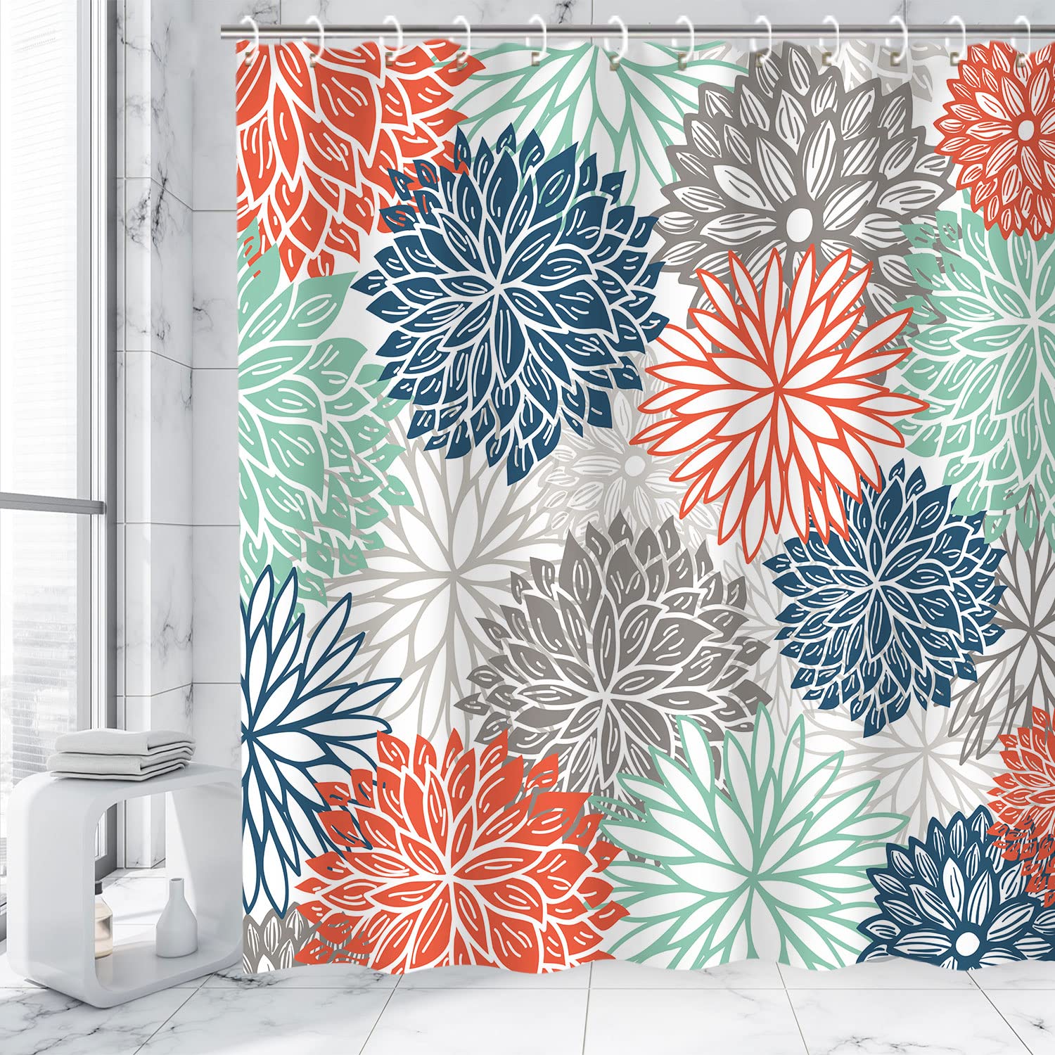 Rosielily Floral Shower Curtain Dahlia Shower Curtains Set With 12 Hooks Flower Shower Curtain Teal And Gray Blue Green Shower C