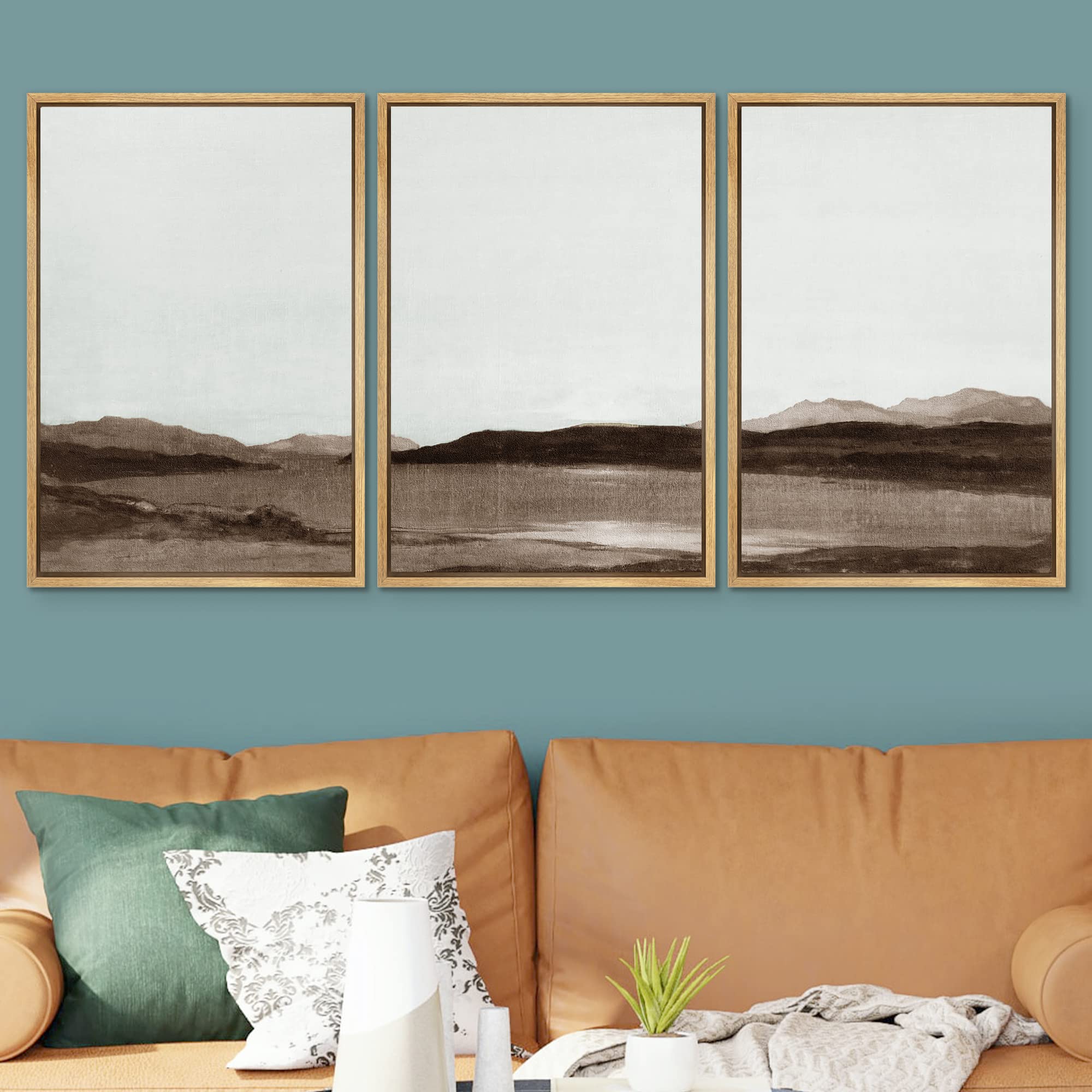 Signwin Framed Canvas Print Wall Art Set Brown Minimal Desert Valley Landscape Nature Abstract Illustrations Modern Art Decorati
