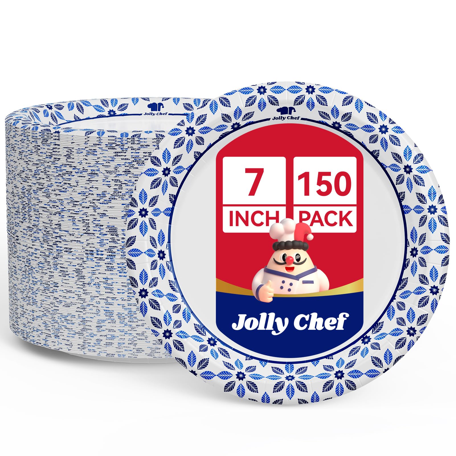 JOLLY CHEF 7 inch Disposable Paper Plates 150 Count, Soak Proof, Cut Proof, Heavy Duty Paper Plates for Everyday Use