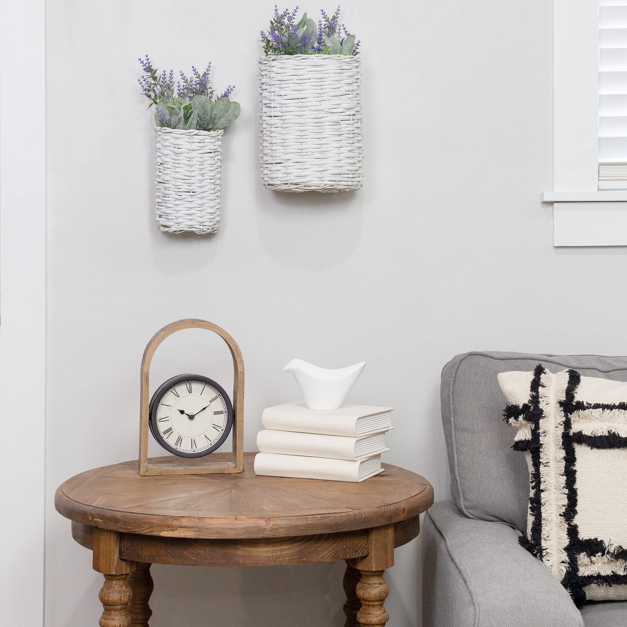 AuldHome Wall Hanging Baskets (White  Set of 2); Woven WIcker Rustic Farmhouse White Washed Door Baskets  Small and Medium Size
