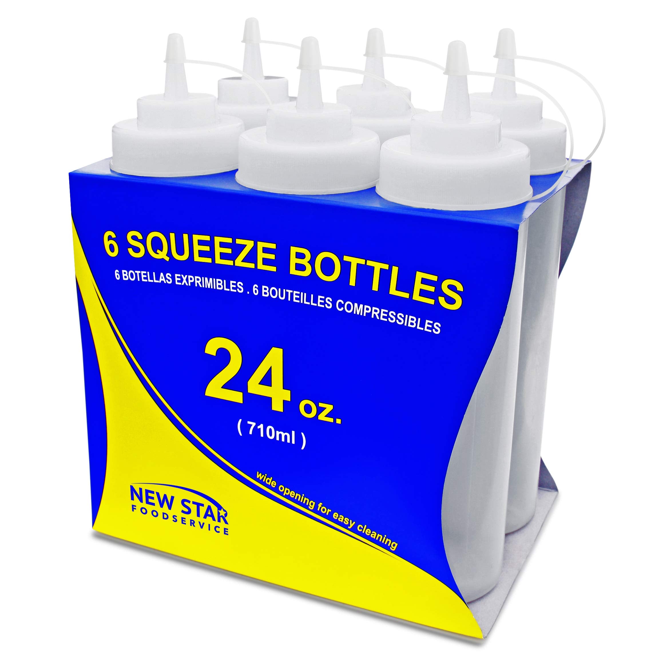 New Star Foodservice 26238 Squeeze Bottles, Plastic, Wide Mouth, 24 Oz, Clear, Pack Of 6