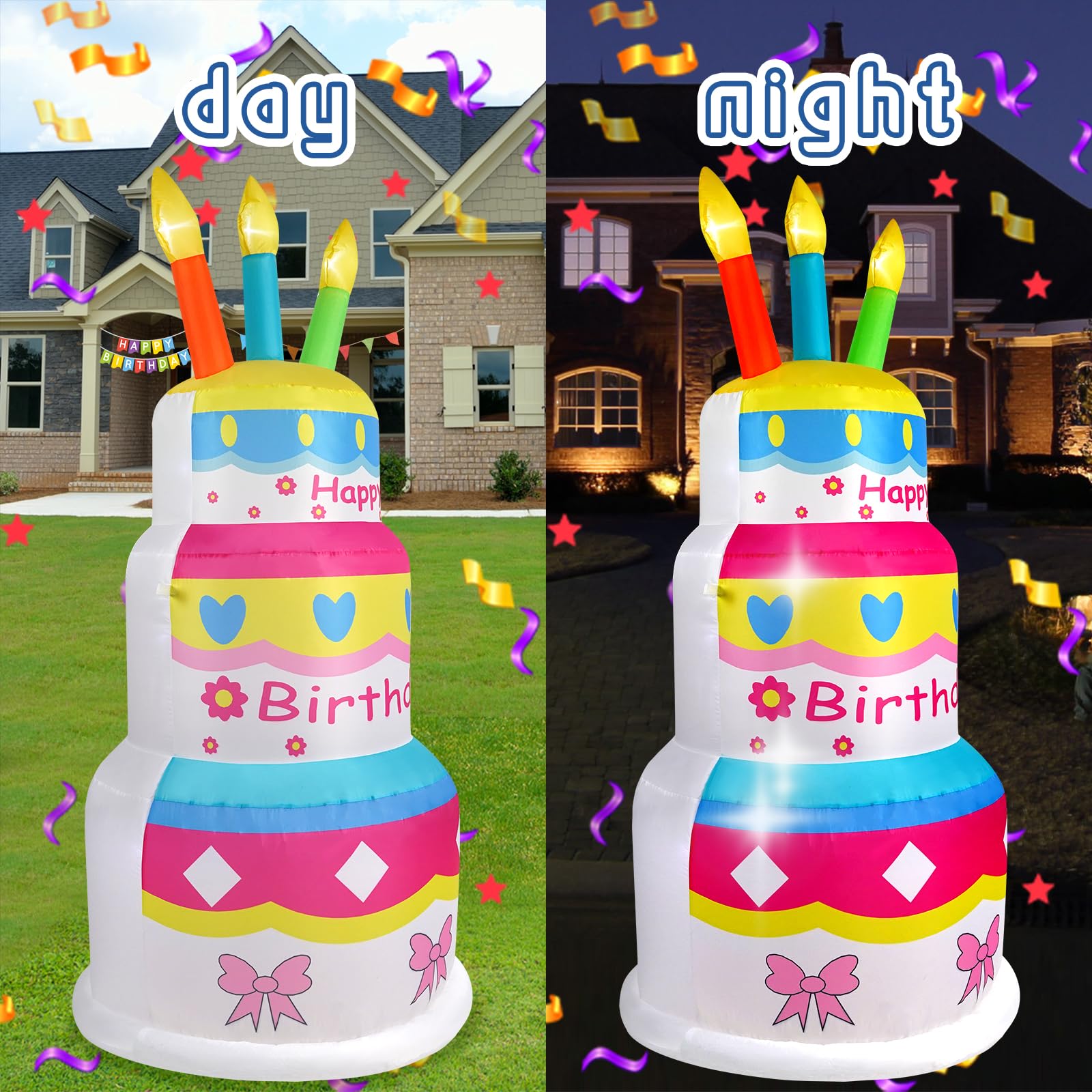 InfleasJoiy 6ft Inflatable Happy Birthday Cake with Candles, Built-in LED Lights, Inflatable Decoration for Indoor and Outdoor Y