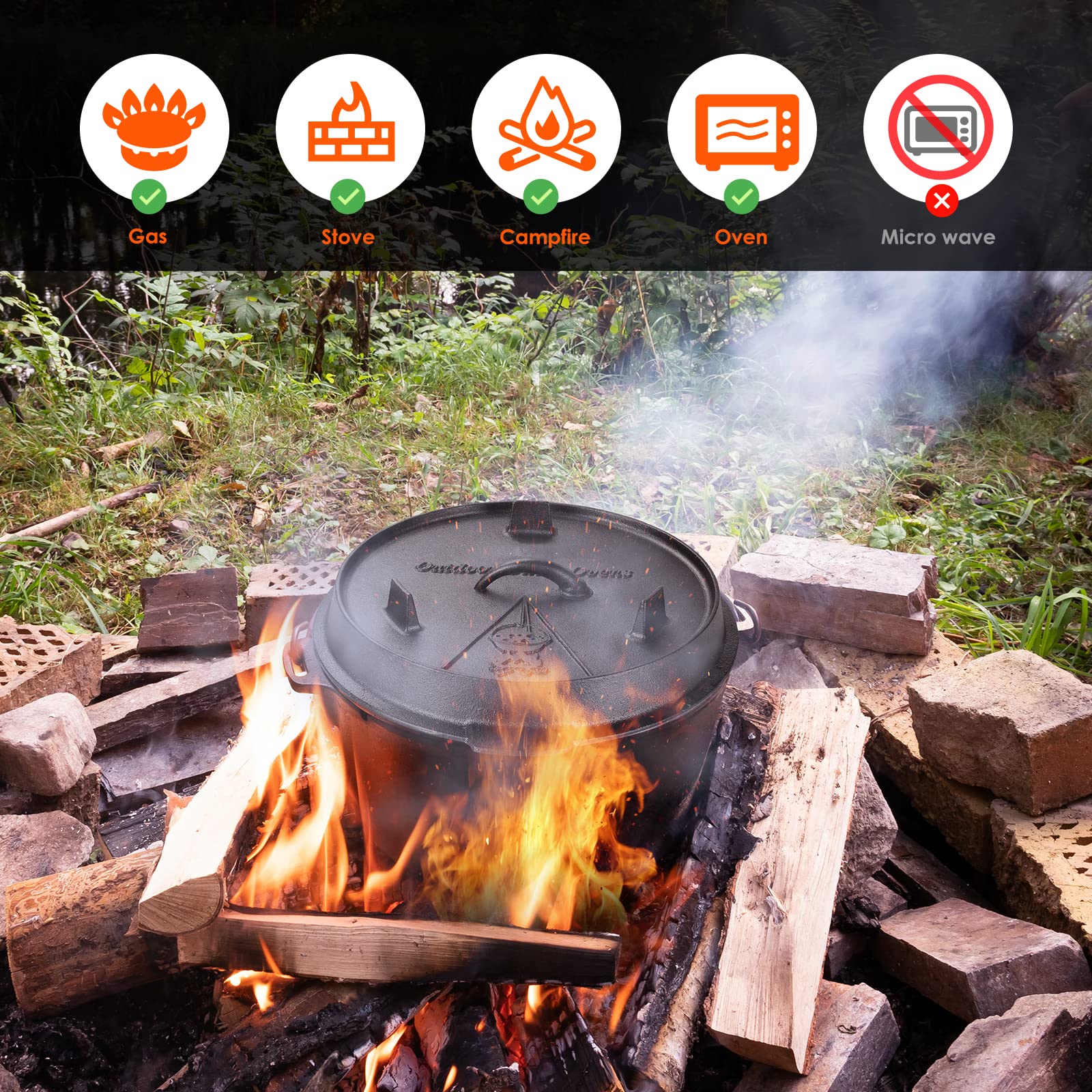 Liferun Dutch Oven Pot With Lid, 13.2 Quart Cast Iron Dutch Oven, With Lid Lifter Handle & Stand And Dual Function Lid Griddle F