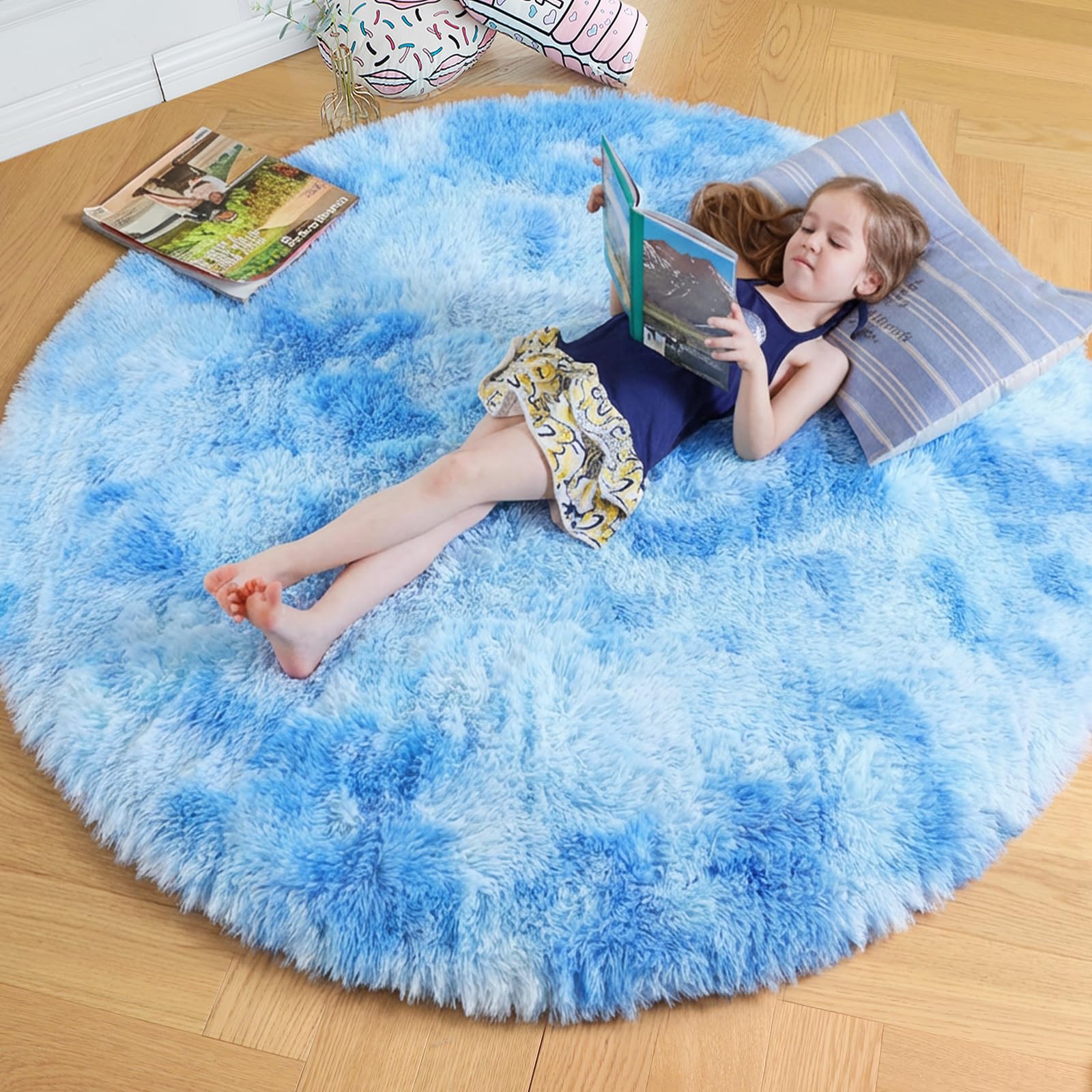 Amdrebio Tie-Dyed Light Blue Round Circle Rug 5Ft for Girls Bedroom, Soft Cute Fluffy Area Rugs for Boys, Kids Room Decor, Plush