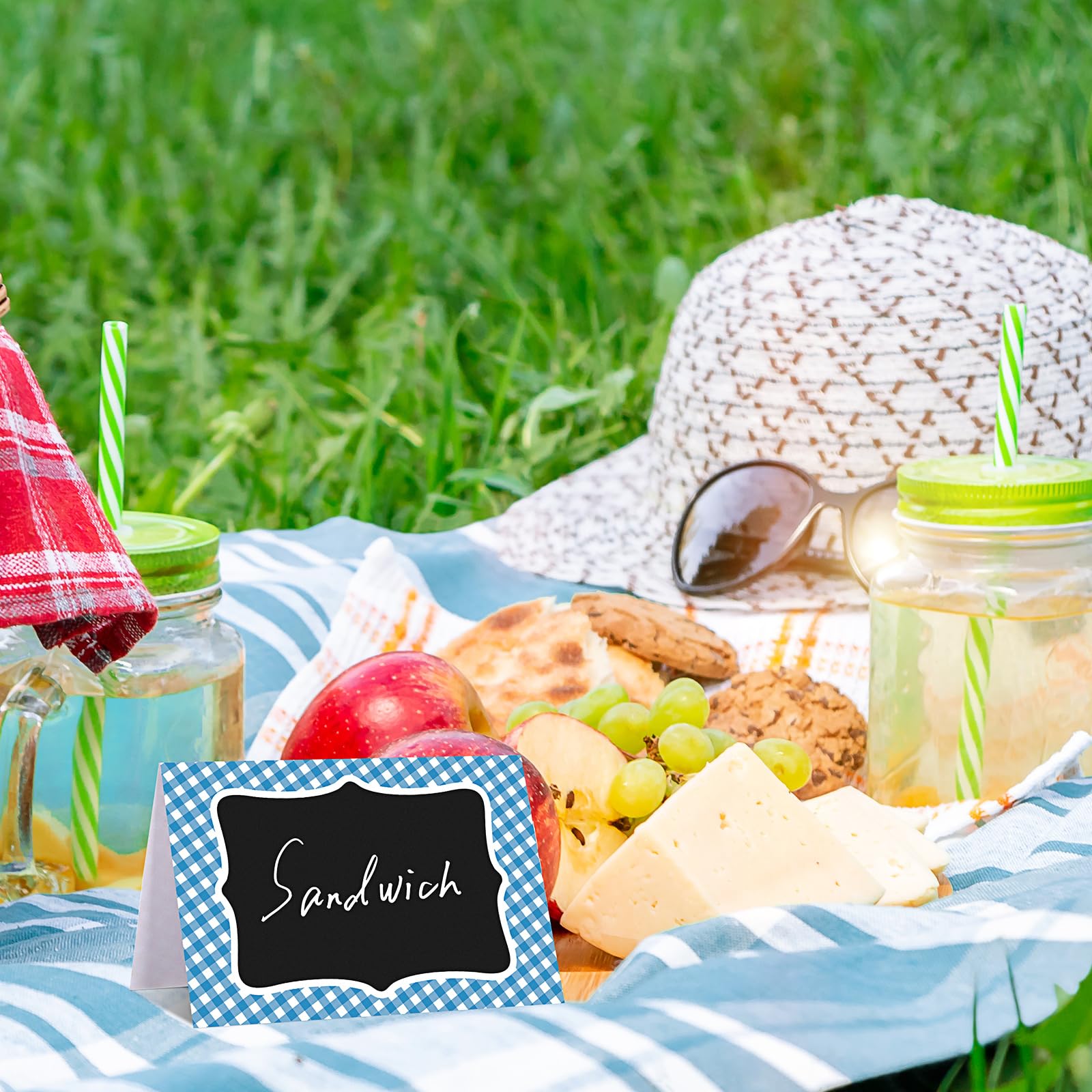 TaoBary 24 Pcs Blue Gingham Party Decoration Supplies Table Centerpiece 6x4 Inch Chalkboard Tent Card Food Label Christmas Winte