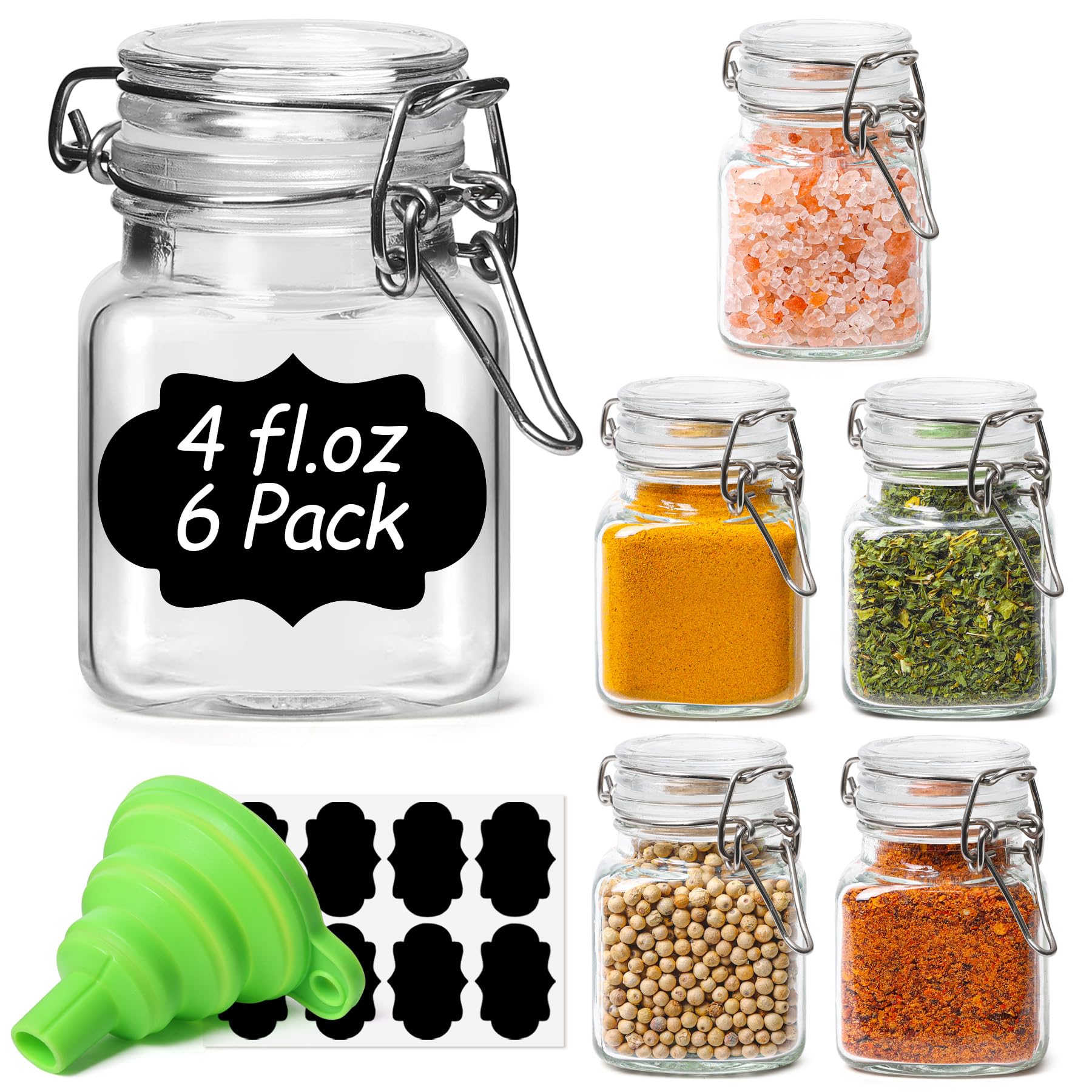 ComSaf 4 oz Glass Jars with Lid, Set of 6 Mini Airtight Glass Jars, Spice Jars, Small Mason Jar, Canning Jar Square with Seal Wi