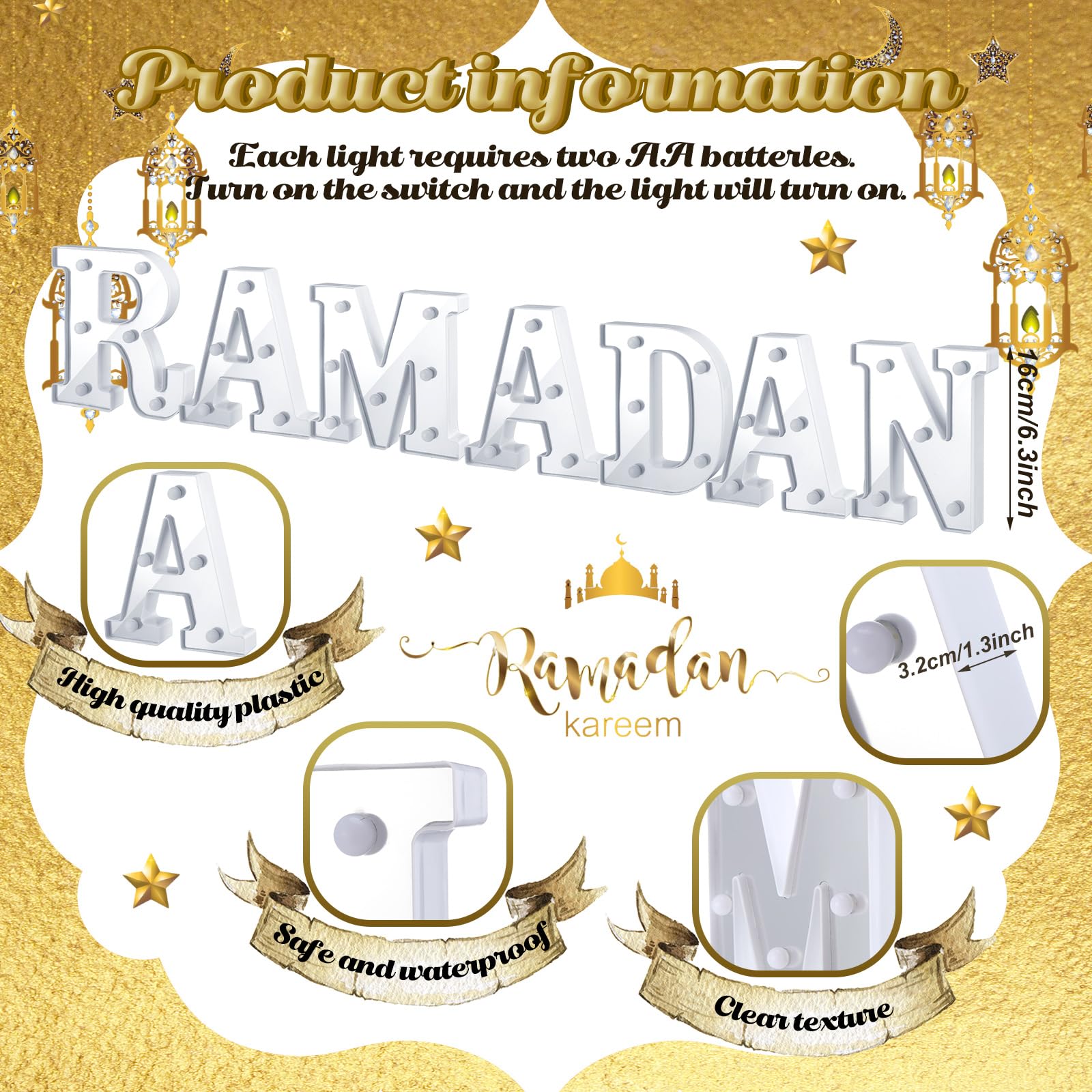 7 Pieces Large Ramadan LED Letter Lights Sign Ramadan Eid LED Marquee Lights Table Decoration for Eid Home Party Gift Tabletop D