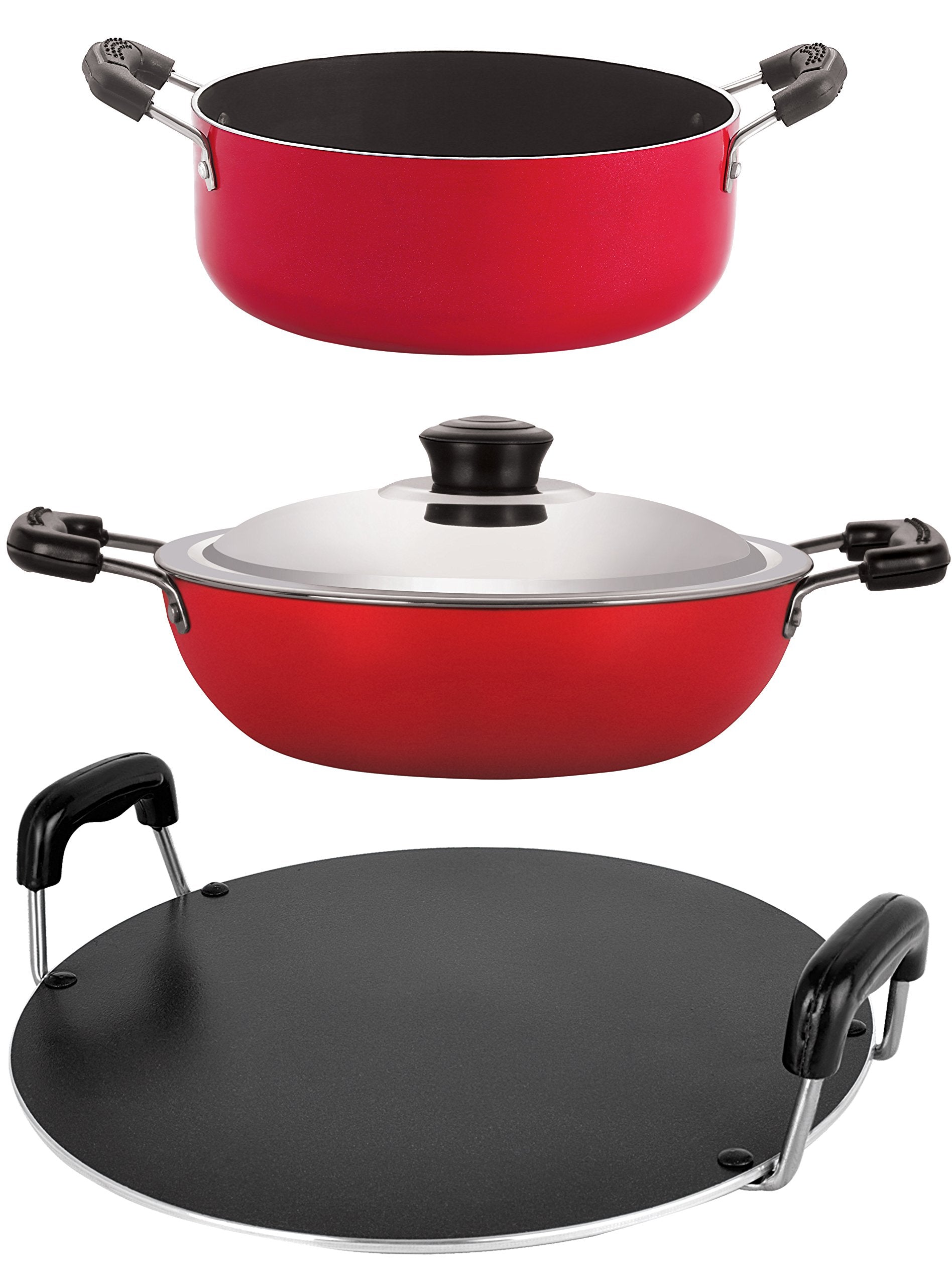 Nirlon NonStick Aluminum Cookware Set, 3Piece, Red And Black (2.6Mm_Dkdb_Rt_Cass22)