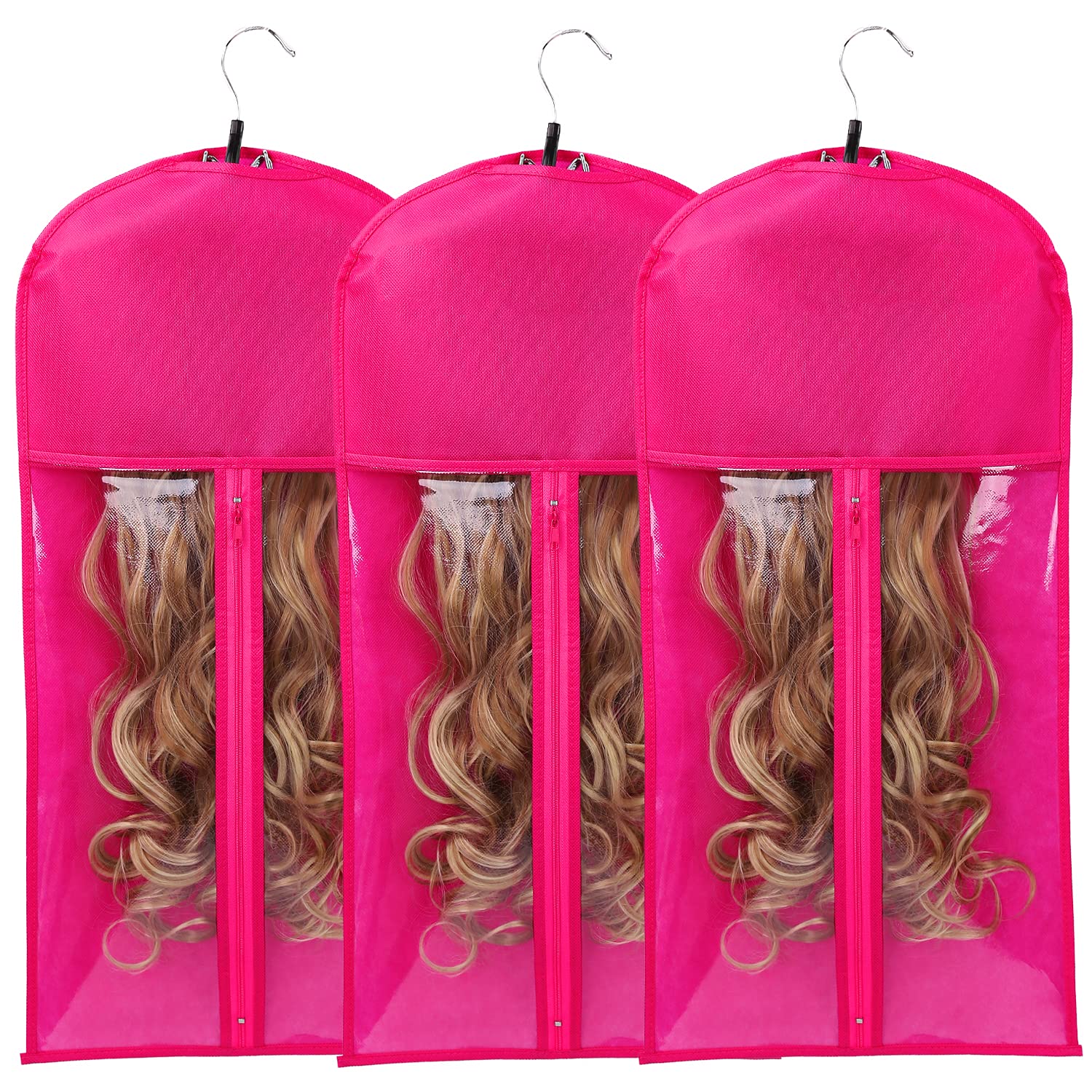 Wig Bags Storage With Hanger - 3 Packs Wig Storage For Multiple Wigs Hair Extension Storage Bag Hairpieces Storage Holder (Rose)
