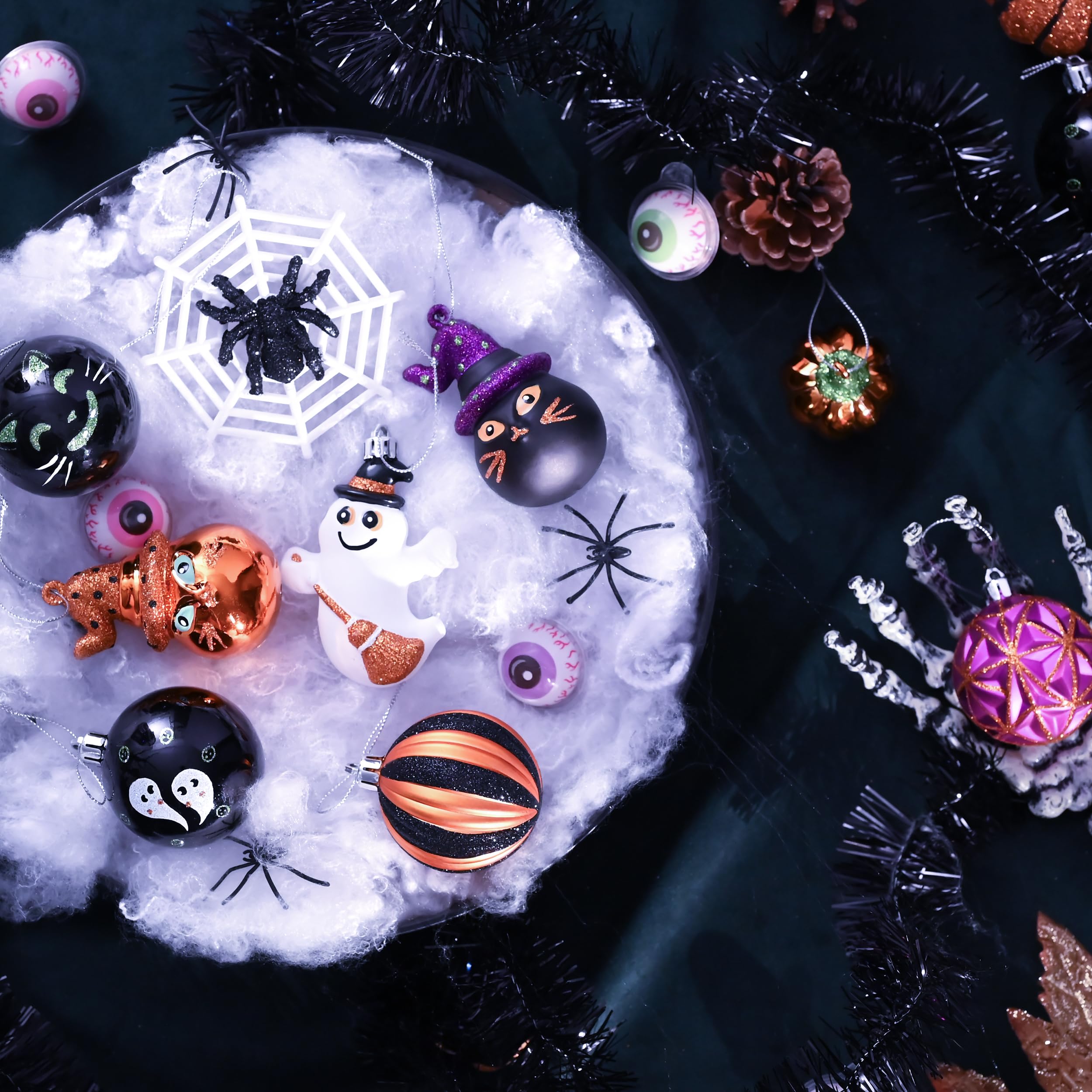 Valery Madelyn Halloween Ornaments Tree Decorations, 40ct Medium Shatterproof Ghost Cat Jack-o -Lantern Pumpkin Hanging Ball Orn