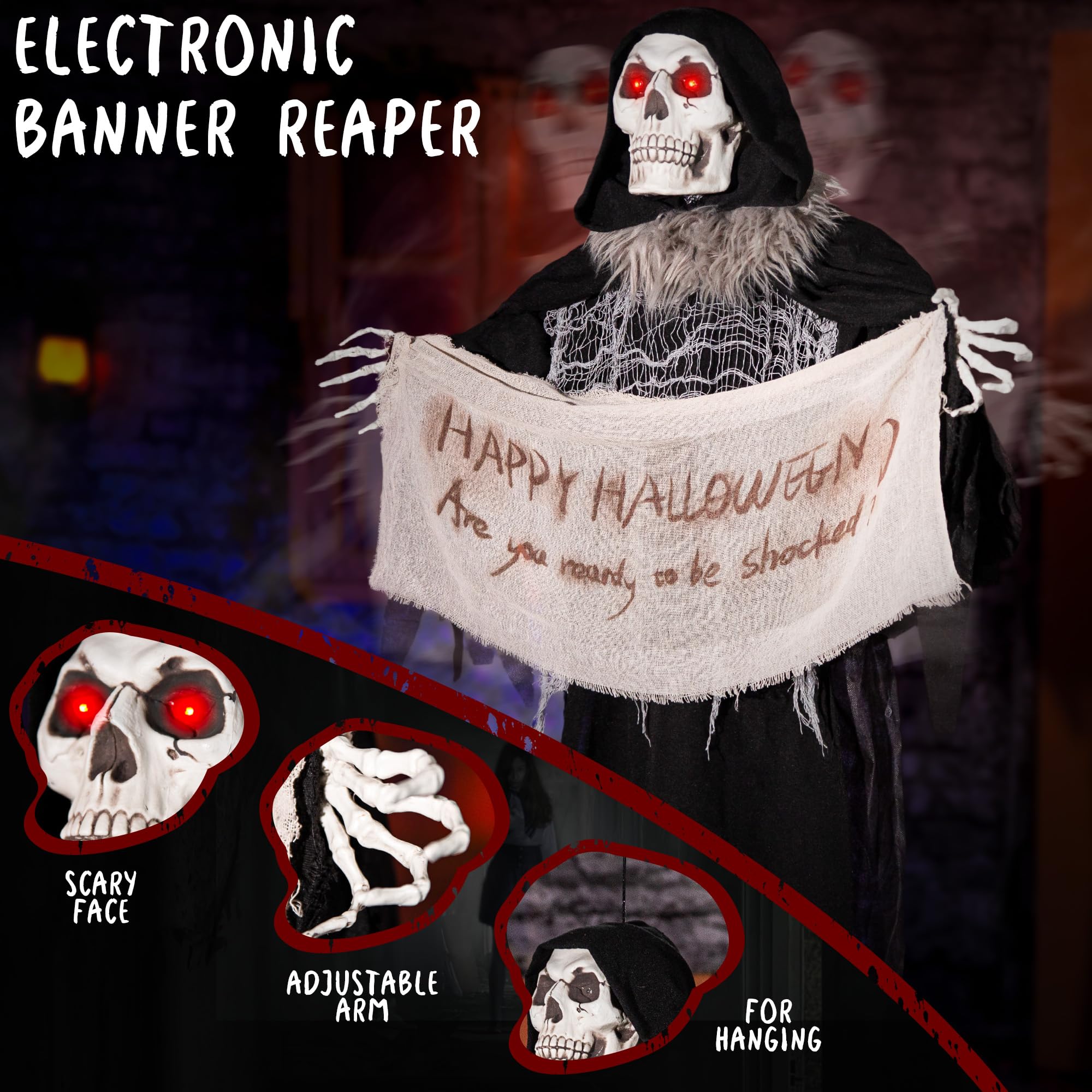 Halloween Animatronics 5ft Hanging Grim Reaper, 60in Animated Skeleton Decorations with Banner, Sound Activated, Creepy Voice, S