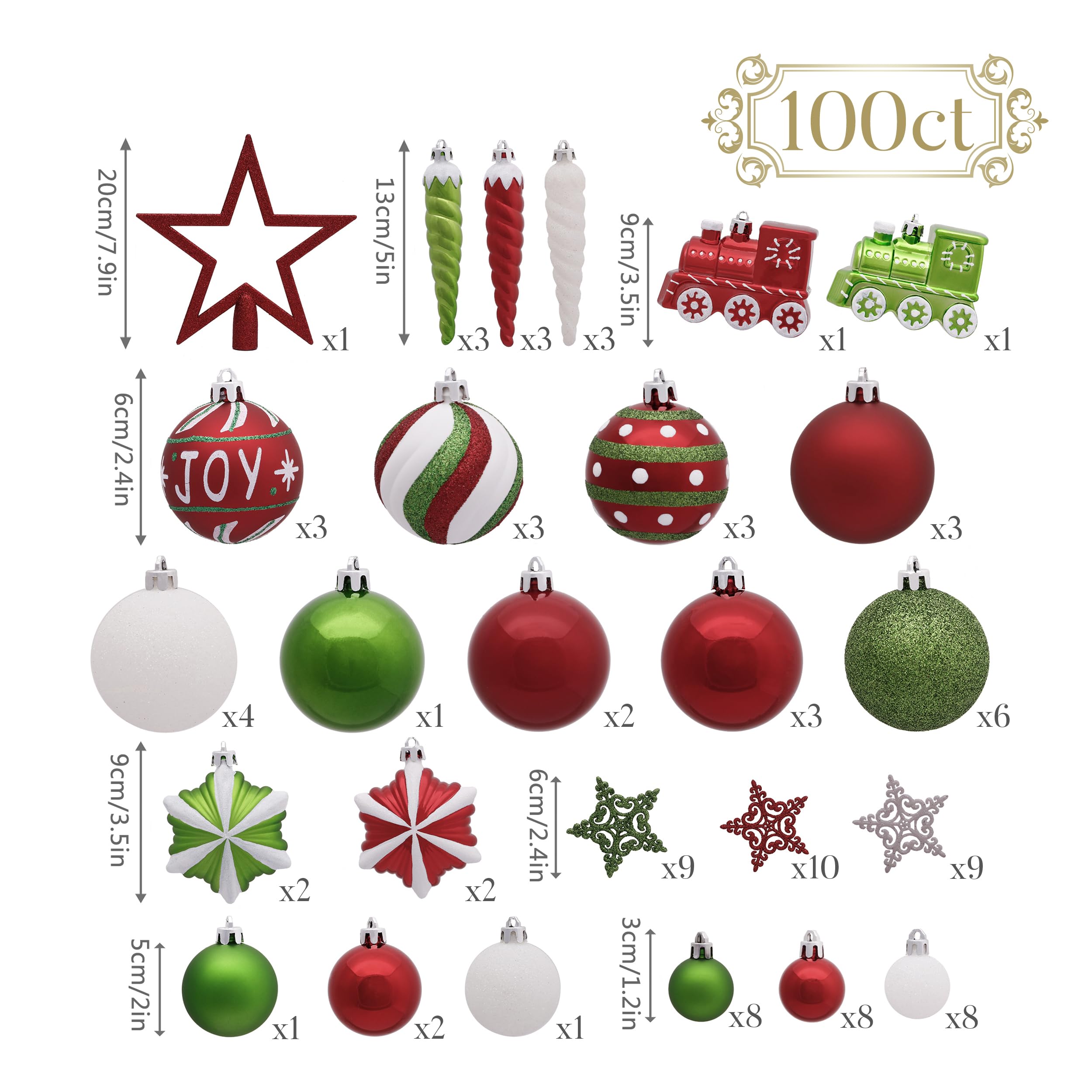 Valery Madelyn Christmas Ornaments Set, 100ct Red Green White Shatterproof Christmas Tree Decorations Variety Ball Ornaments Bul