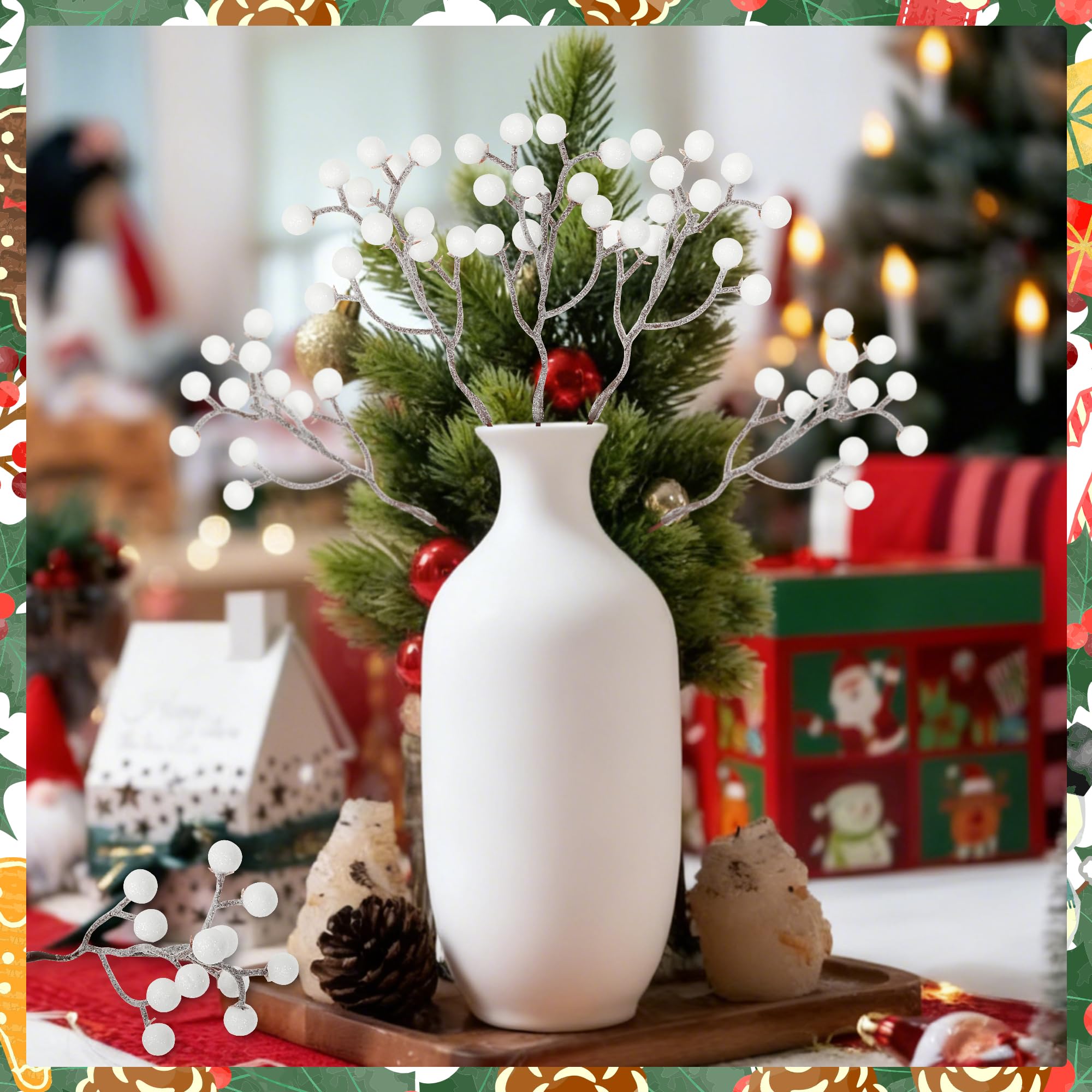 Vipay 24 PCS Christmas Tree Decor, 7.08 in White Berry Picks, Artificial Berries Branches Christmas Berry Stems for DIY Wreath F