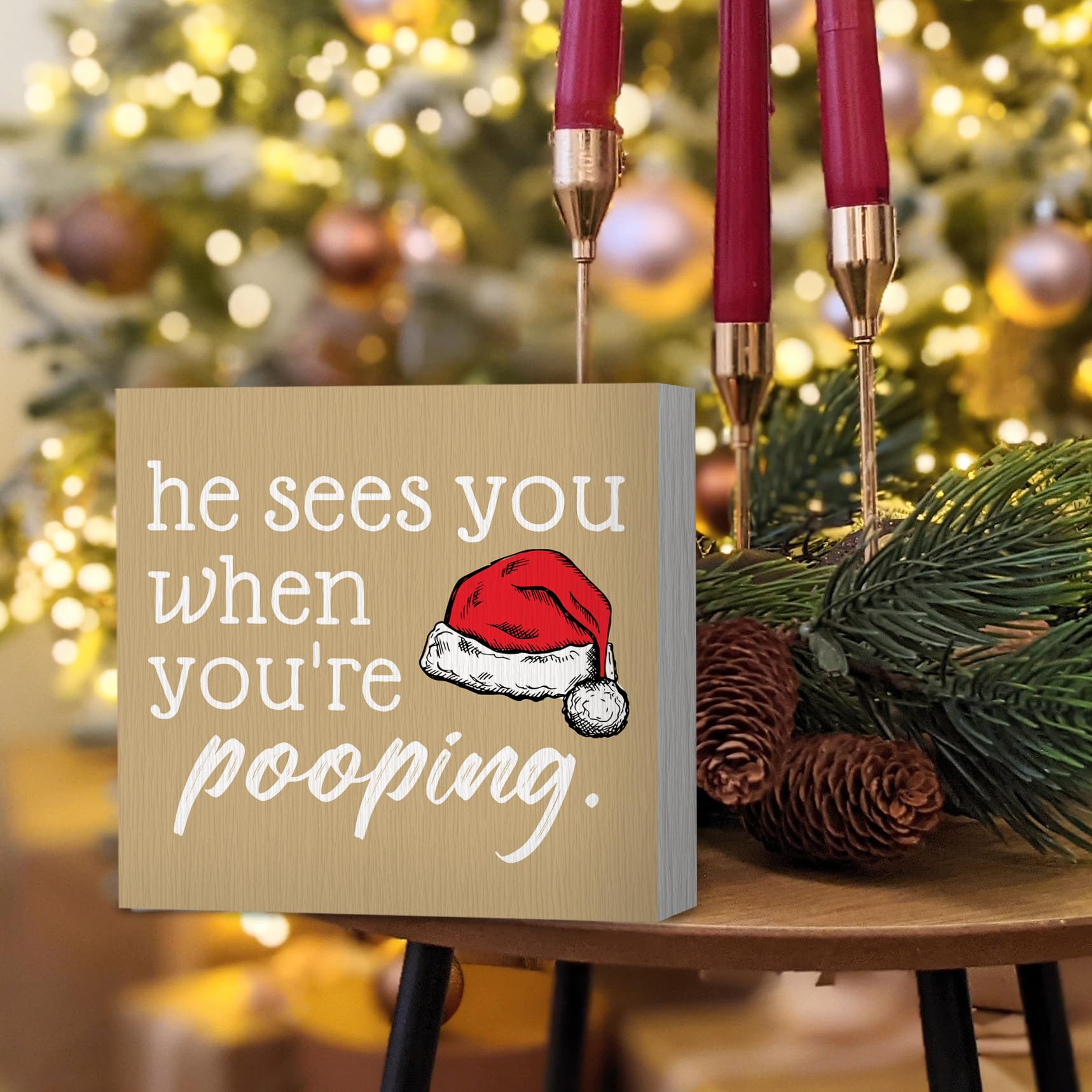 ANIANG He Sees You When You're Pooping Sign, Funny Christmas Decorations, Bathroom Christmas Decor, ChristmasSign, ChristmasWood
