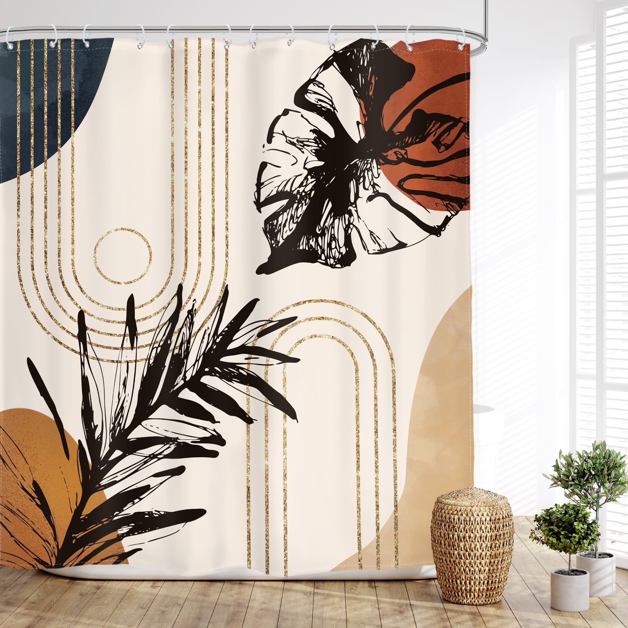 Glawry Abstract Tropical Shower Curtain Boho Watercolor Red Brown Palm Leaf Plant Botanical Bathroom Minimalist Bohemian Leaves