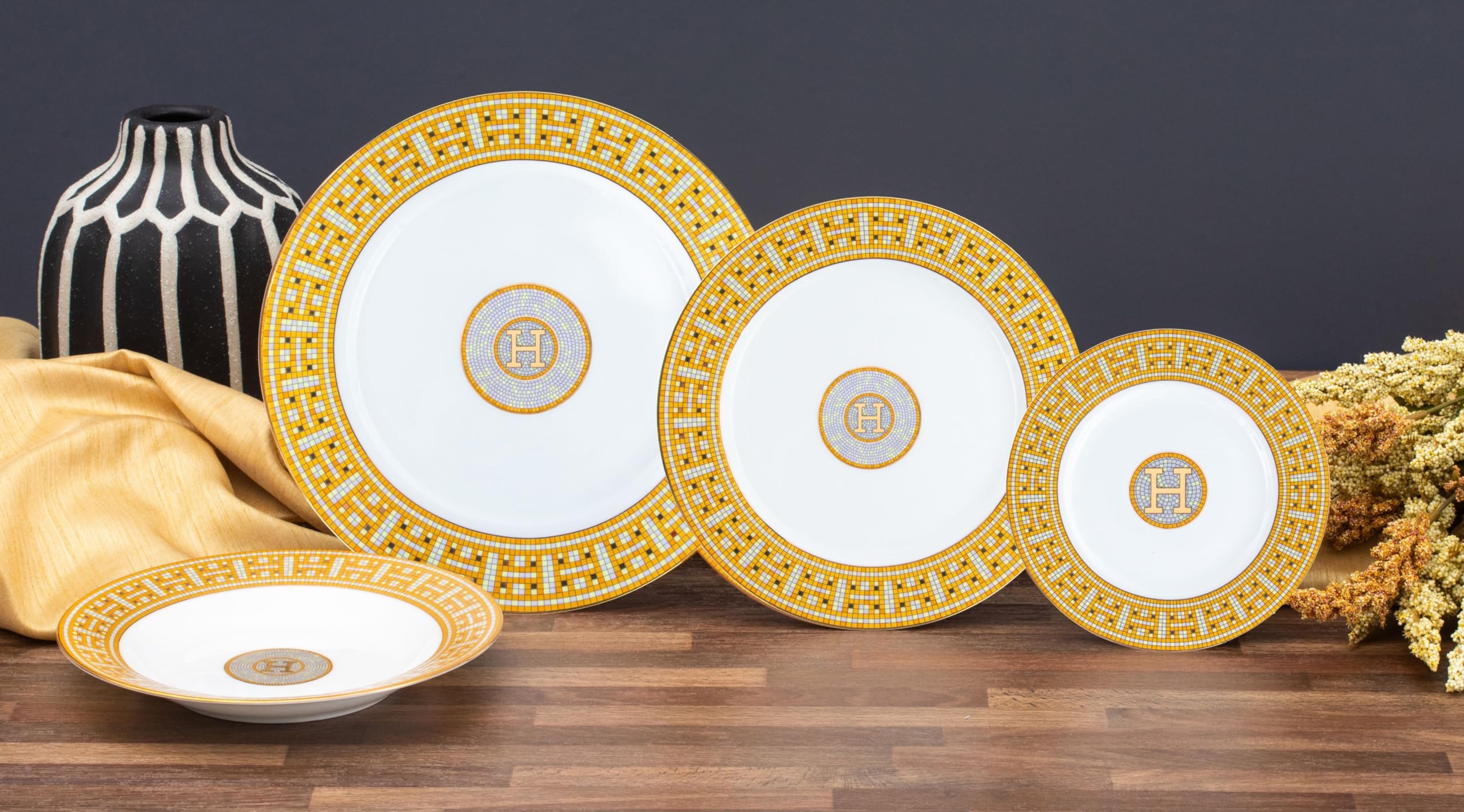 White and Gold Dinnerware Set - 58 Piece 'Mosaic' Dinner Set Luxury Bone China 24K Gold Inlays for Everyday use or Formal Occasi