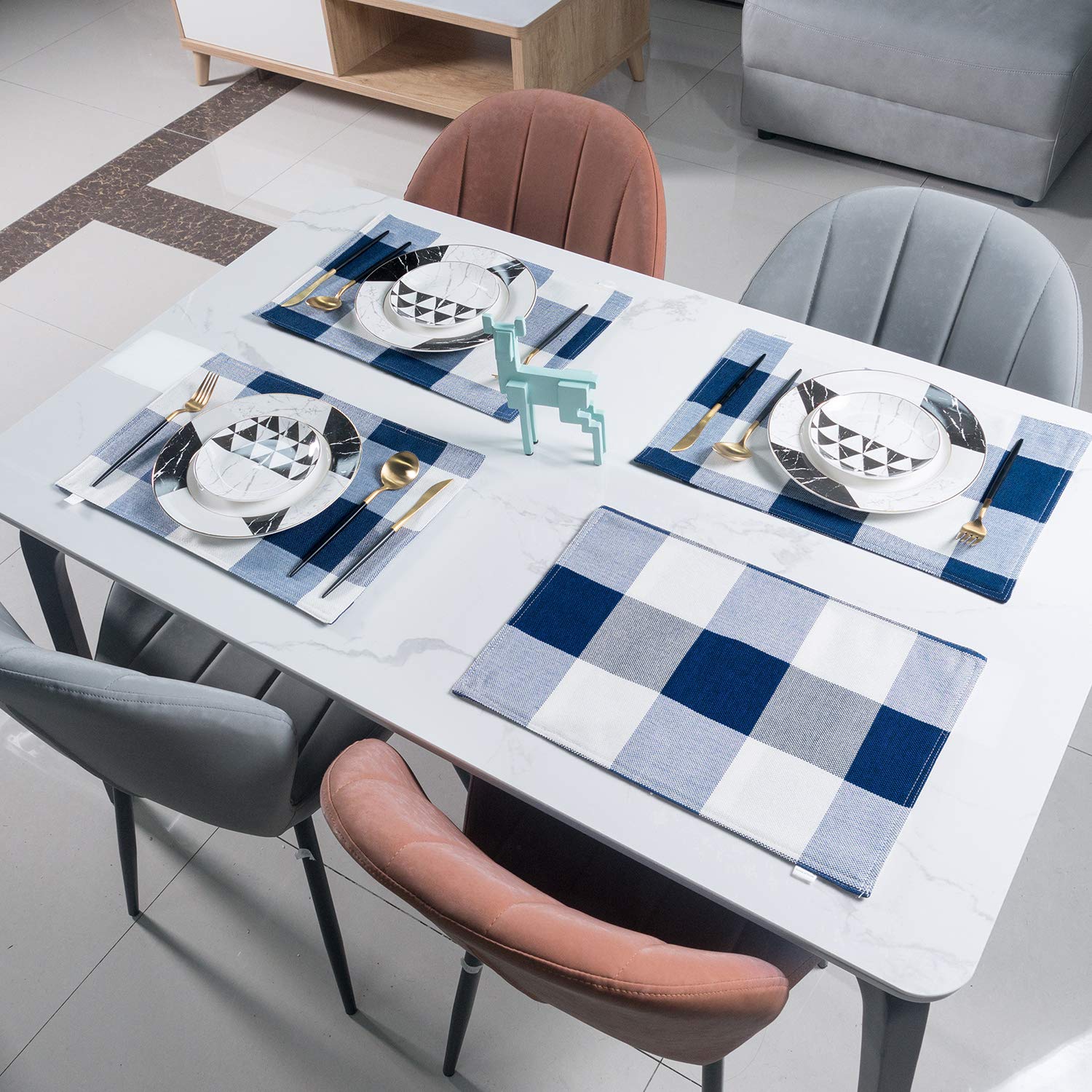 Smile Of Hope Navy Blue And White Buffalo Plaid Placemats 12 X 18 Inches Placemat Set Of 4,Linen Checkered Double Layer Check Ki