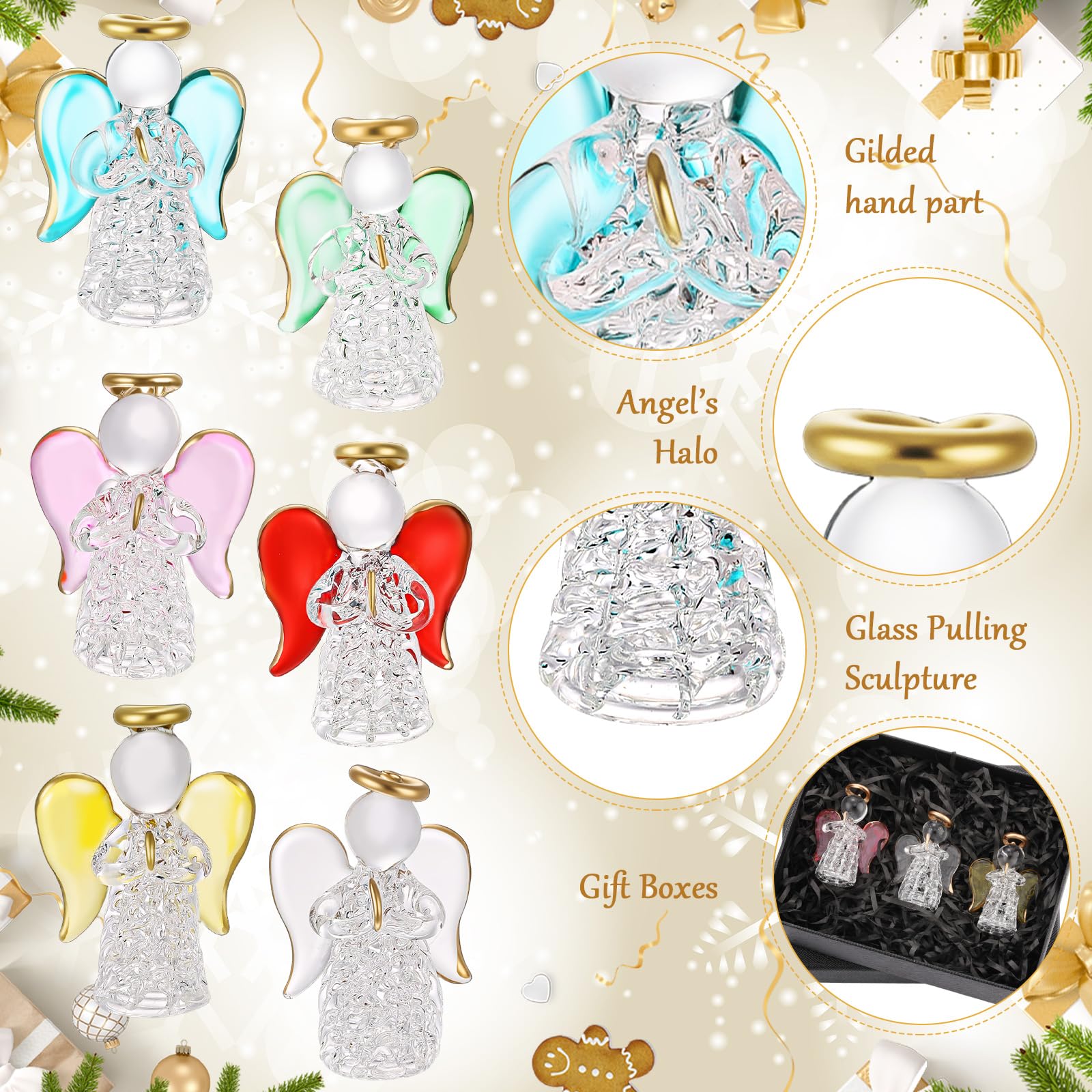 CroBlissful 6 Pcs Crystal Angel Figurines Christmas Ornaments Glass Guardian Angel Ornaments Hanging Decor Christmas Church Gift