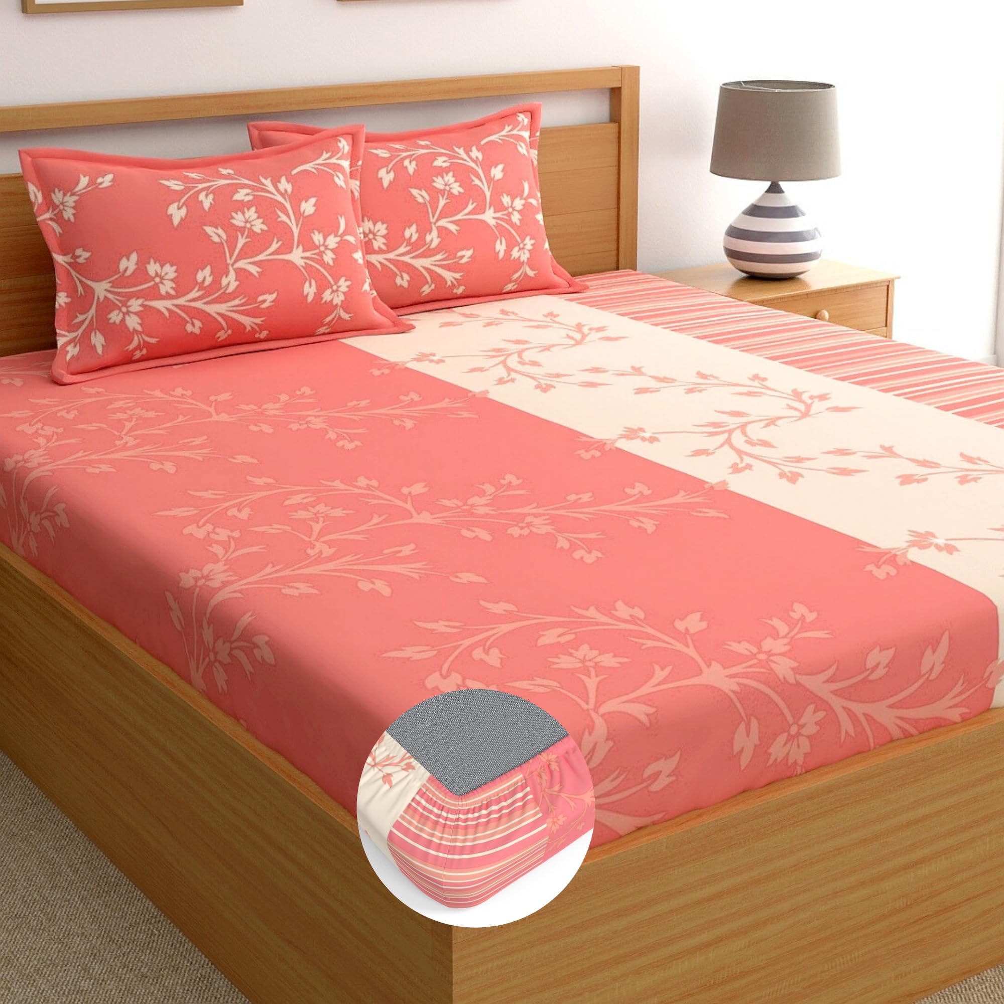 Dreamscape 100% Cotton Floral King Fitted Bedsheet With 2 Pillow Covers - (Size 72 X 78 Inches, 140 Tc, Colour - Peach)