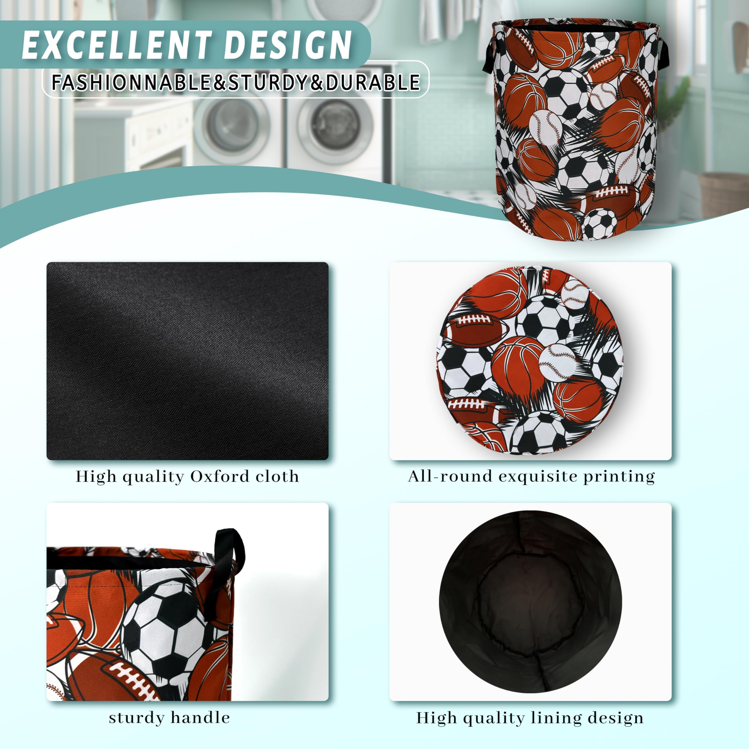 Funny Football Basketball Laundry Basket Foldable With Handles Tote Bag Oxford Cloth Colorful Laundry Hamper Clothes Storage Buc