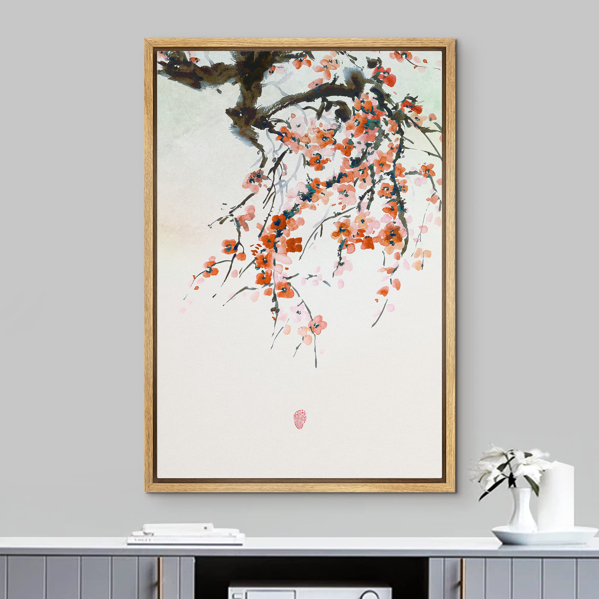 NWT Framed Canvas Print Wall Art Japanese Style Cherry Blossoms on Tree Branch Floral Plants Illustrations Modern Art Rustic Scenic Colorful Pastel for Living Room  Bedroom  Office - 16''x24'' Natural