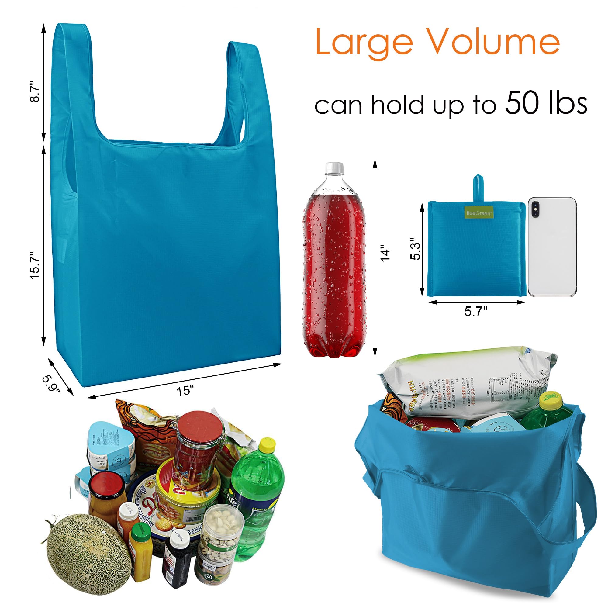 BeeGreen Light Blue Reusable Grocery Bags Wholesale Blue Reusable Kitchen Bags Bulk Foldable-Machine Washable with Zipper Storag