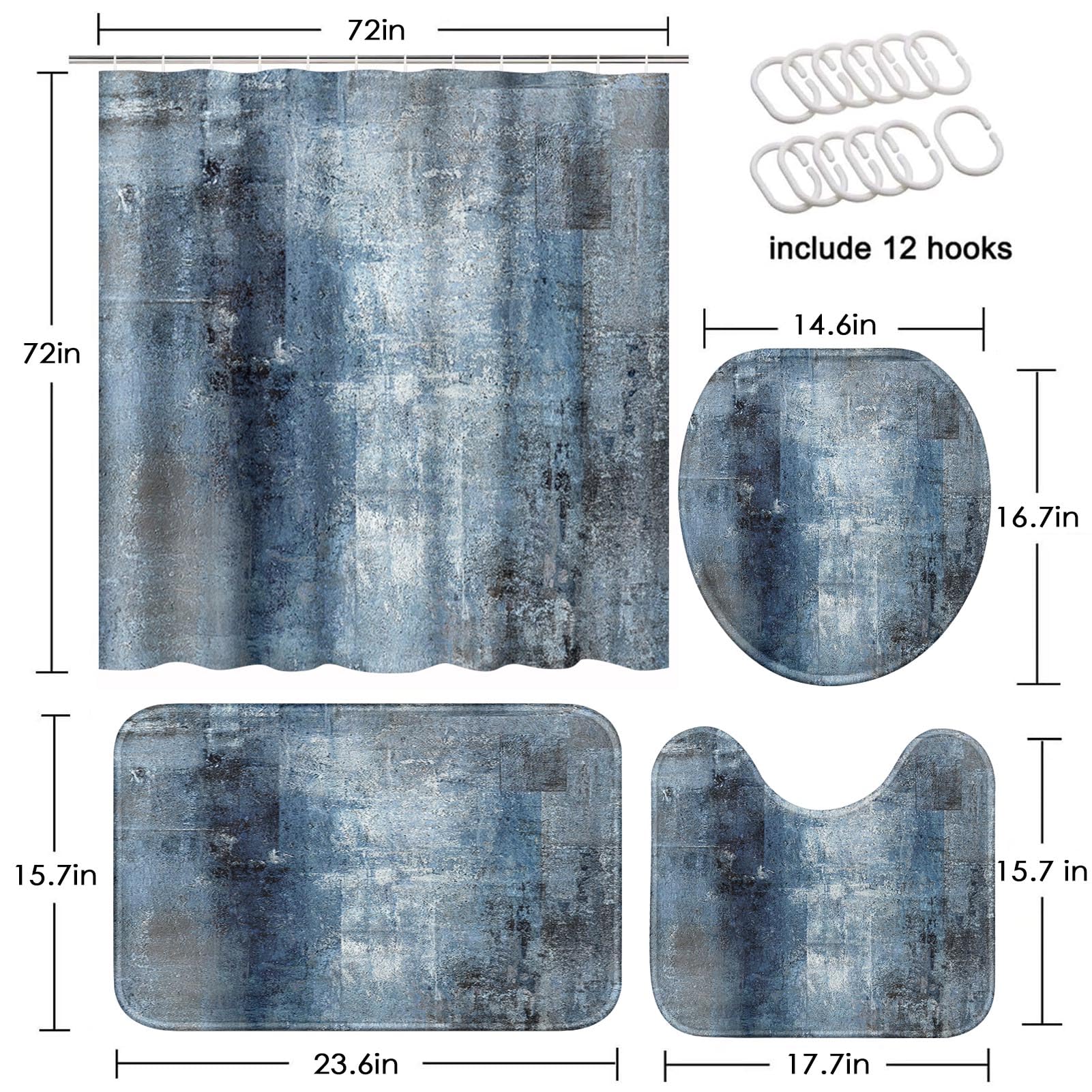 Artsocket Blue Grey Abstract Bathroom Set With Shower Curtain And Rugs Accessory, Painting Gray Vintage Retro Abstract Shower Cu
