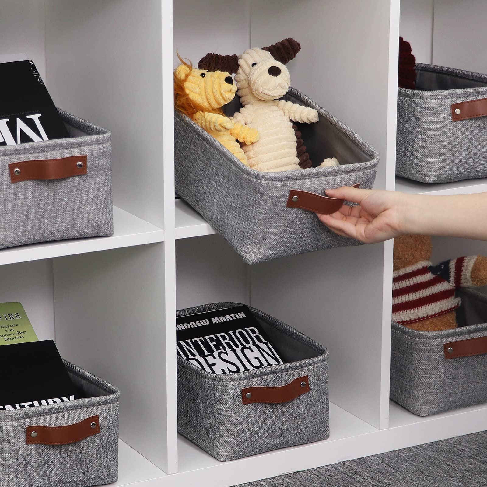 HNZIGE Small Storage Baskets for Shelves(6pack) Foldable Fabric Storage Baskets  Empty Gift Baskets with Leather Handles  Decorative Storage Baskets for Organizing Closet (Gray  11.8'' x 7.8'' x 5.1'')