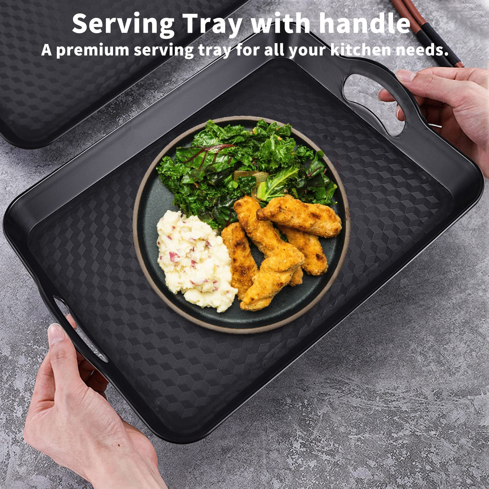 Plastic Tray With Handles, 2 Pack Multi-Purpose Rectangular Non Slip Restaurant Serving Trays Set For Parties, Coffee Table, Kit