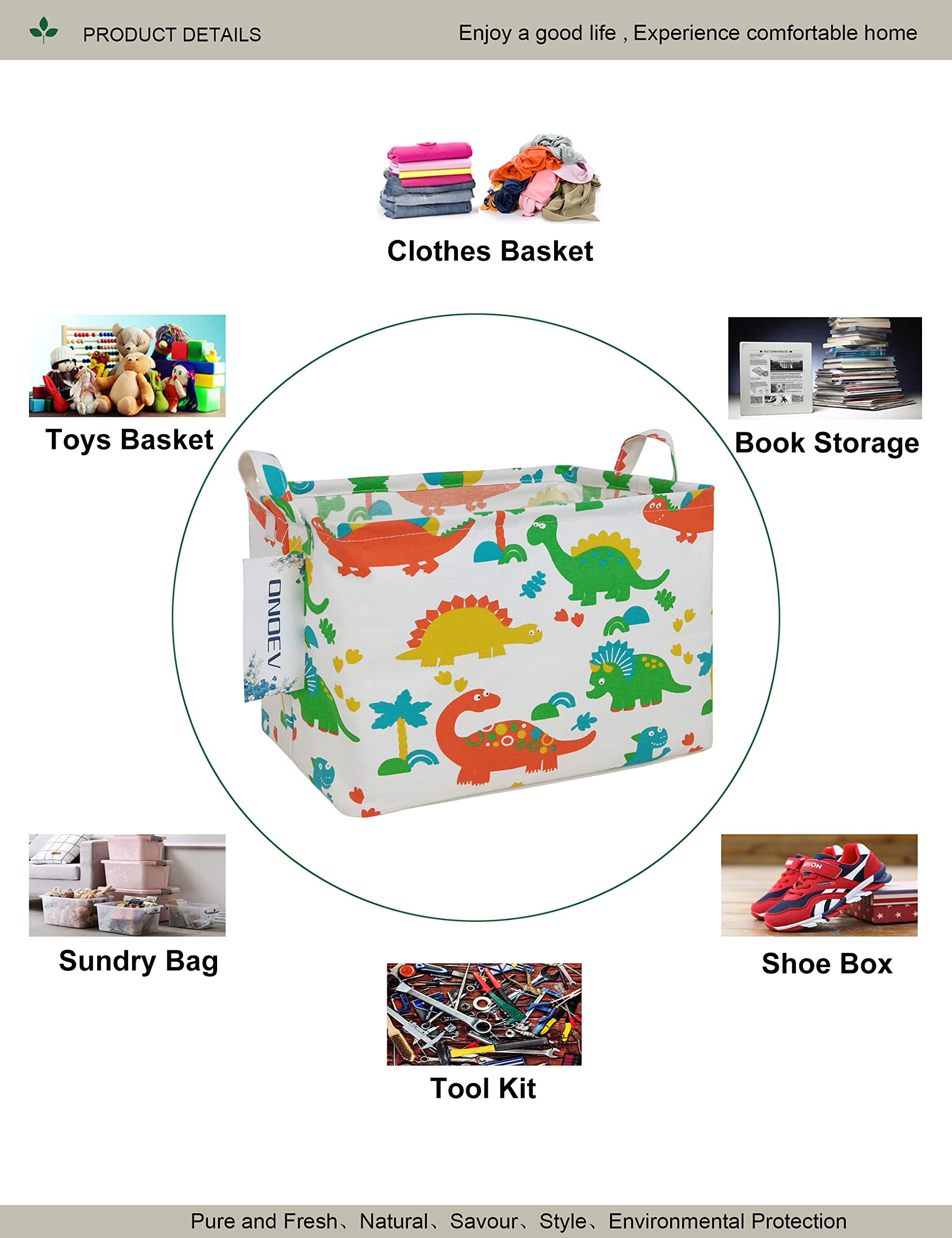 ONOEV Rectangular Folding Laundry Basket  Canvas Basket Nersury Hamper Suitable for Children Office Bedroom Clothes Toys Storage(Dinosaur Paradise) (1)