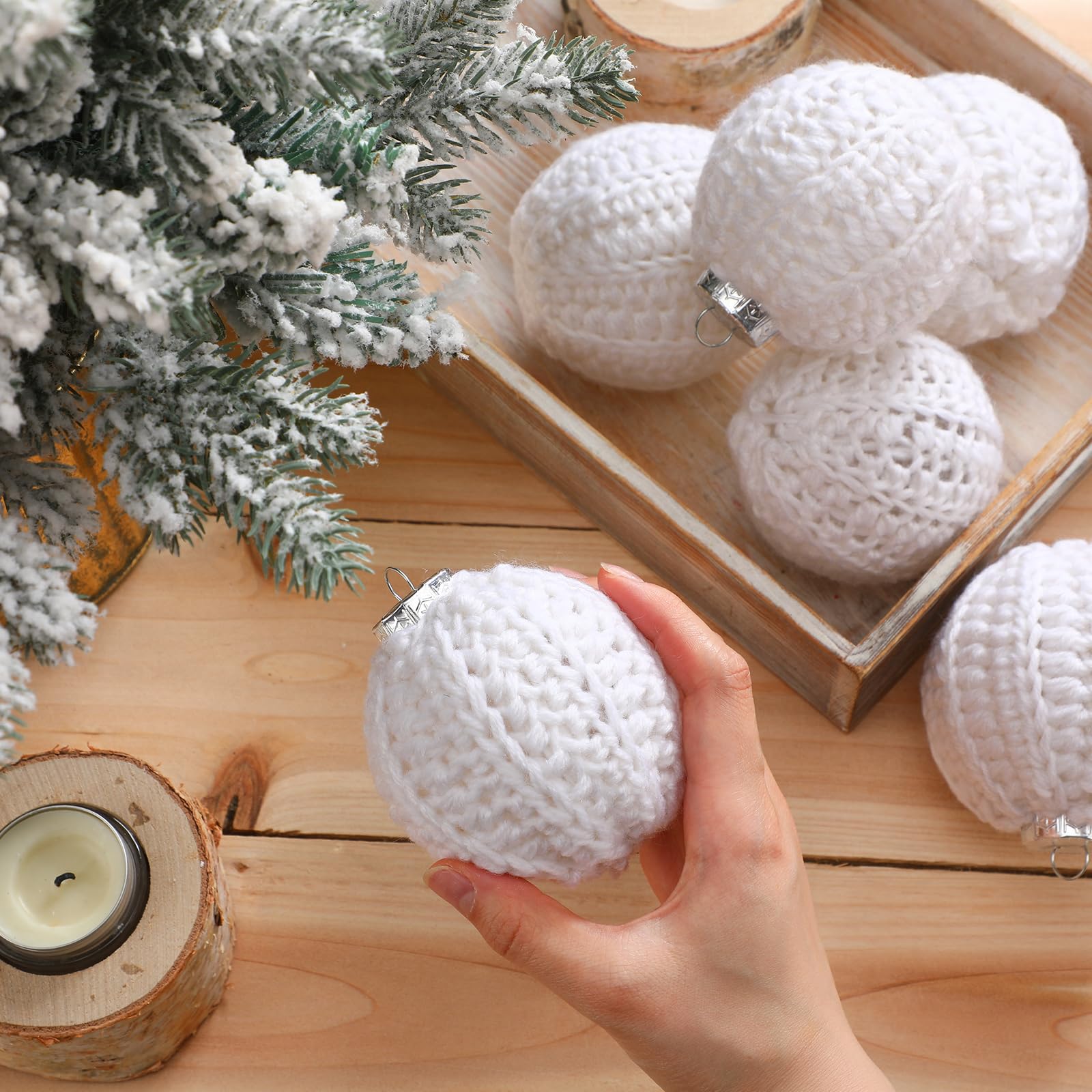 Vercraft 6 Pcs 2.75 Inch Crochet Christmas Ornaments Balls Christmas Knitted Ornaments Neutral Hanging Decoration Handmade Croch