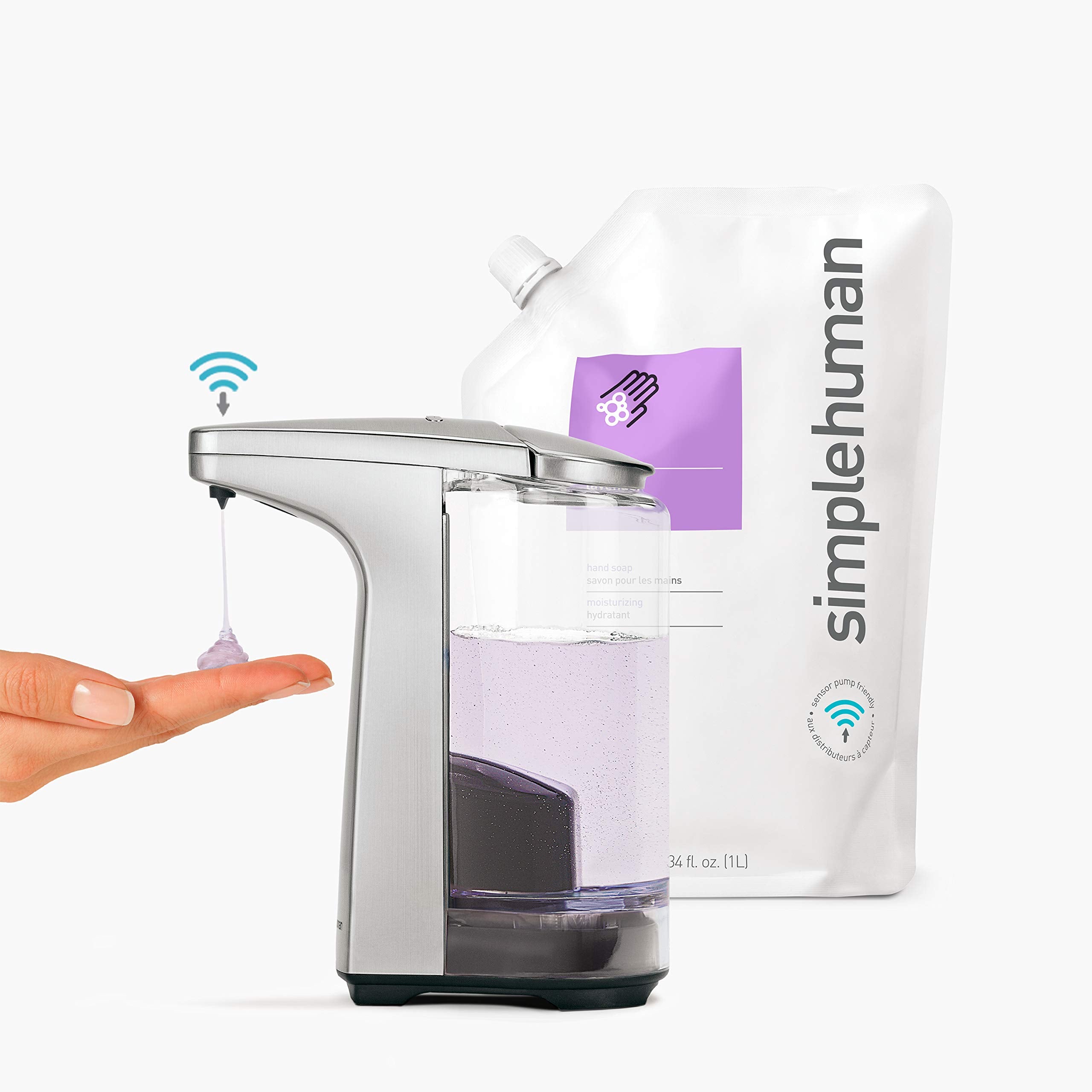 simplehuman Touch-Free Sensor Liquid Soap Pump Dispenser, 8 oz., Brushed Nickel, Model ST1023, Battery Operated, Includes Soap Sample