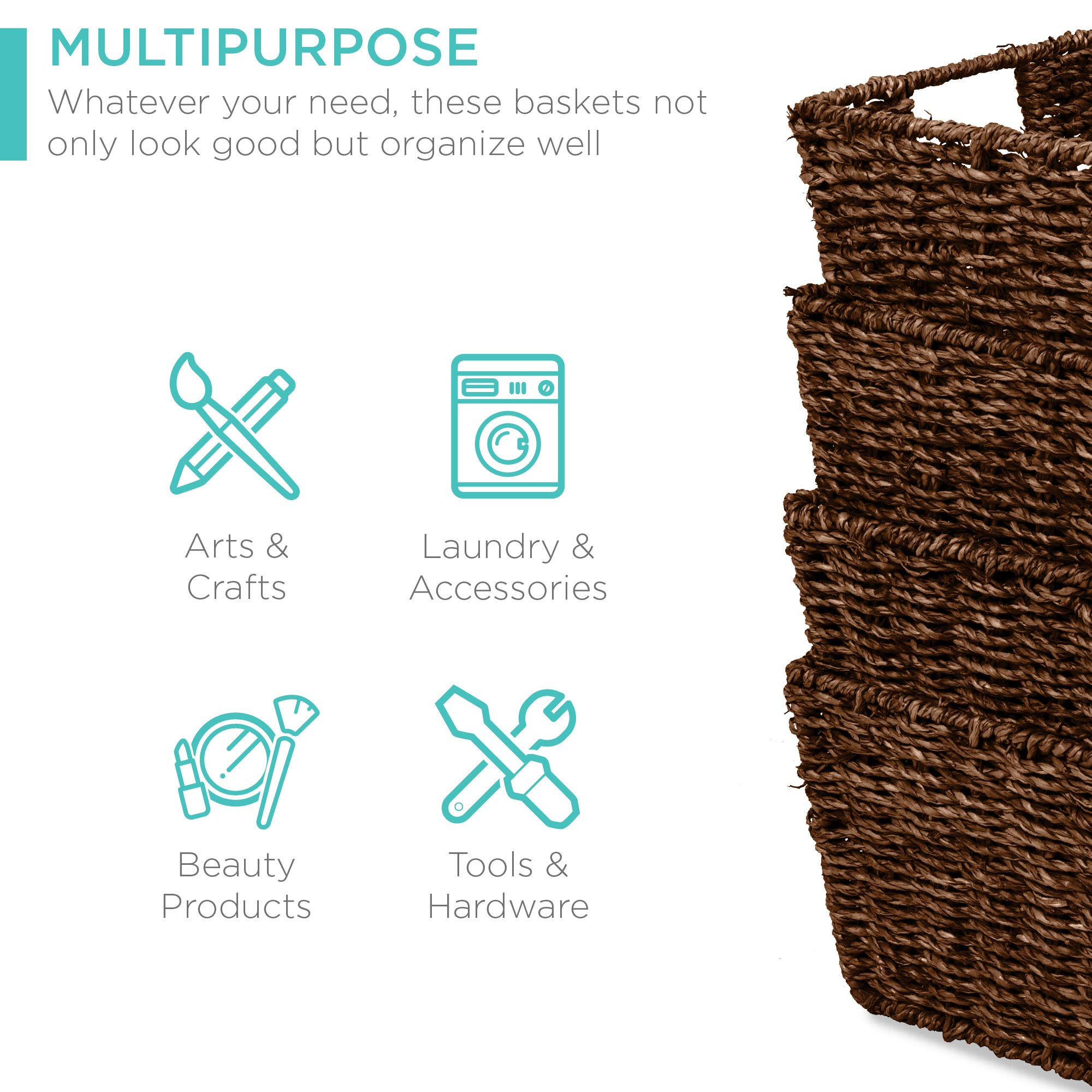 Best Choice Products Rustic Set Of 4 Multipurpose Stackable Seagrass Storage Basket, Handwoven Laundry Organizer Totes For Bedro